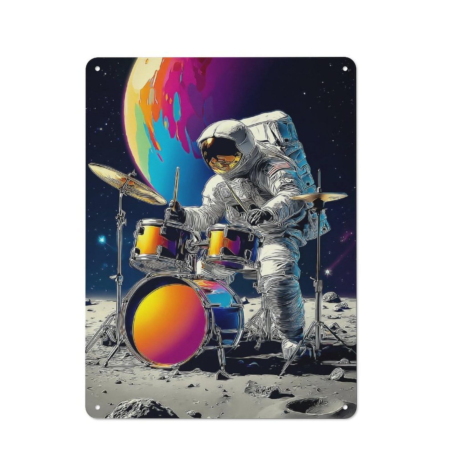 Junmoney Astronaut Drummer On The Moon -1 Rustic Metal Wall Sign 40X30cm Featuring For Pub Or Café, For Vintage Wall Decor Fans, For Metal Sign Collectors