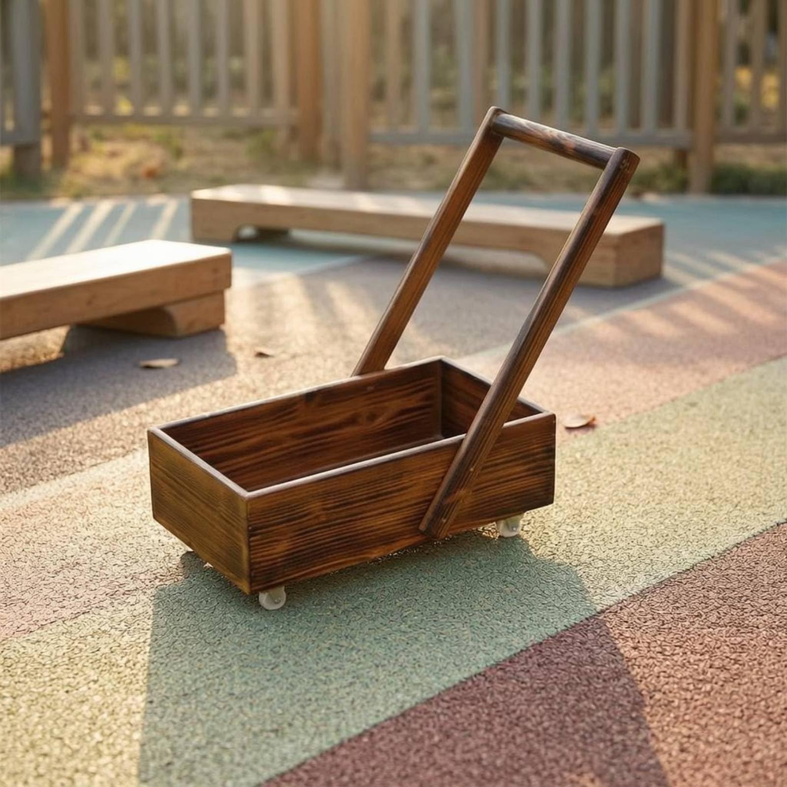 Carrello in Legno Carbonizzato Ruote Girevoli Carretto Miniatura con Manico Struttura Robusta Giocattolo da Trainare per Età Prescolare, Esterno