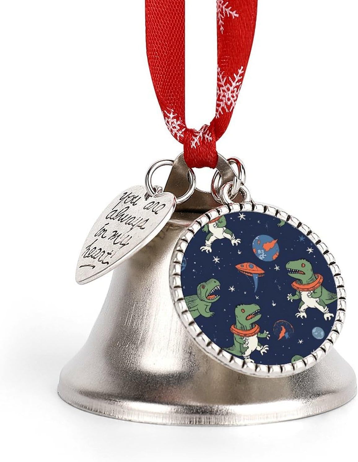 Funny Astronaut Dinosaur Rocket Christmas Bells Ornaments with Wings & Heart Silver Bell Pendant for Christmas Tree Home Door Mantle Fireplace Decoration