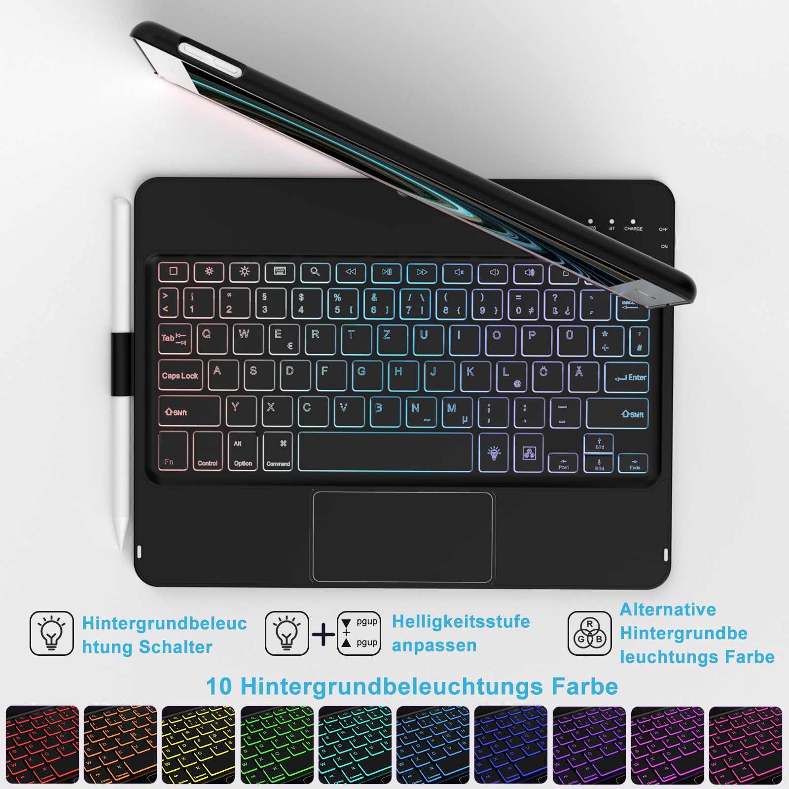 TQQ Tastatur Hülle für iPad 10.2 Zoll (7., 8. und 9. Generation) mit Präzisions-Trackpad, Notebook-ähnlicher Tastatur mit 10-Farbige Hintergrundbeleuchtung, 360° Drehbar, Deutsches QWERTZ-Layout