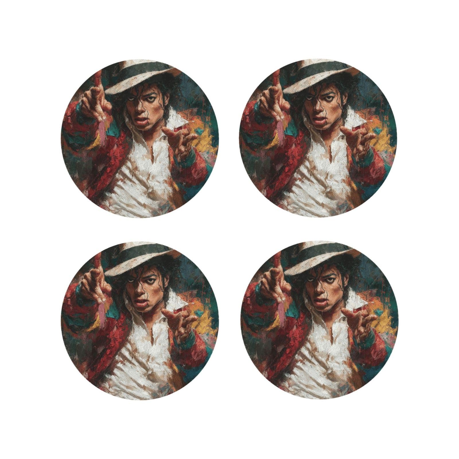 Coasters Set of 4 Round Leather Coaster Quick-Dry Drink Michael Jackson Coasters for Desk Absorbent Mugs Pads Tabletop Protection Pad Heat Resistant Coffee Cup Mat for Kitchen Bar