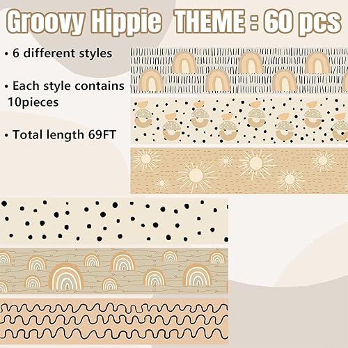Miniatura 3 de Bordes de tablón de anuncios bohemio de 69 pies, diseño retro, color beige, marrón, sol, arco iris, borde recto, rayas de puntos para tablón de