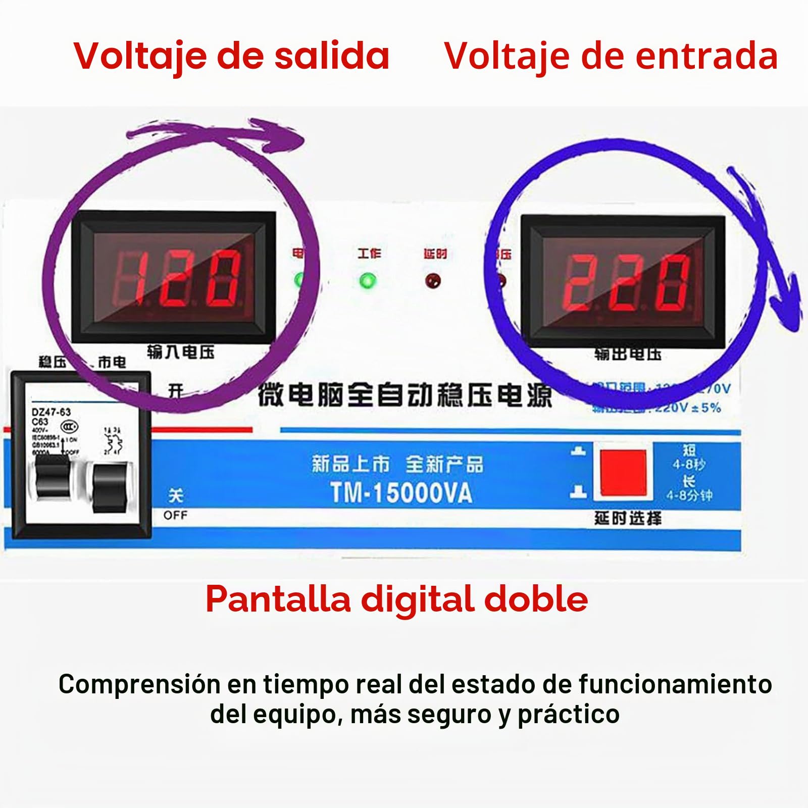 Estabilizador De Voltaje 220V 15000W,Estabilizador De Voltaje De Potencia Automático con Pantalla Digital Dual,Regulador De Aire Acondicionado De Alta Potencia Cobre Puro para El Hogar