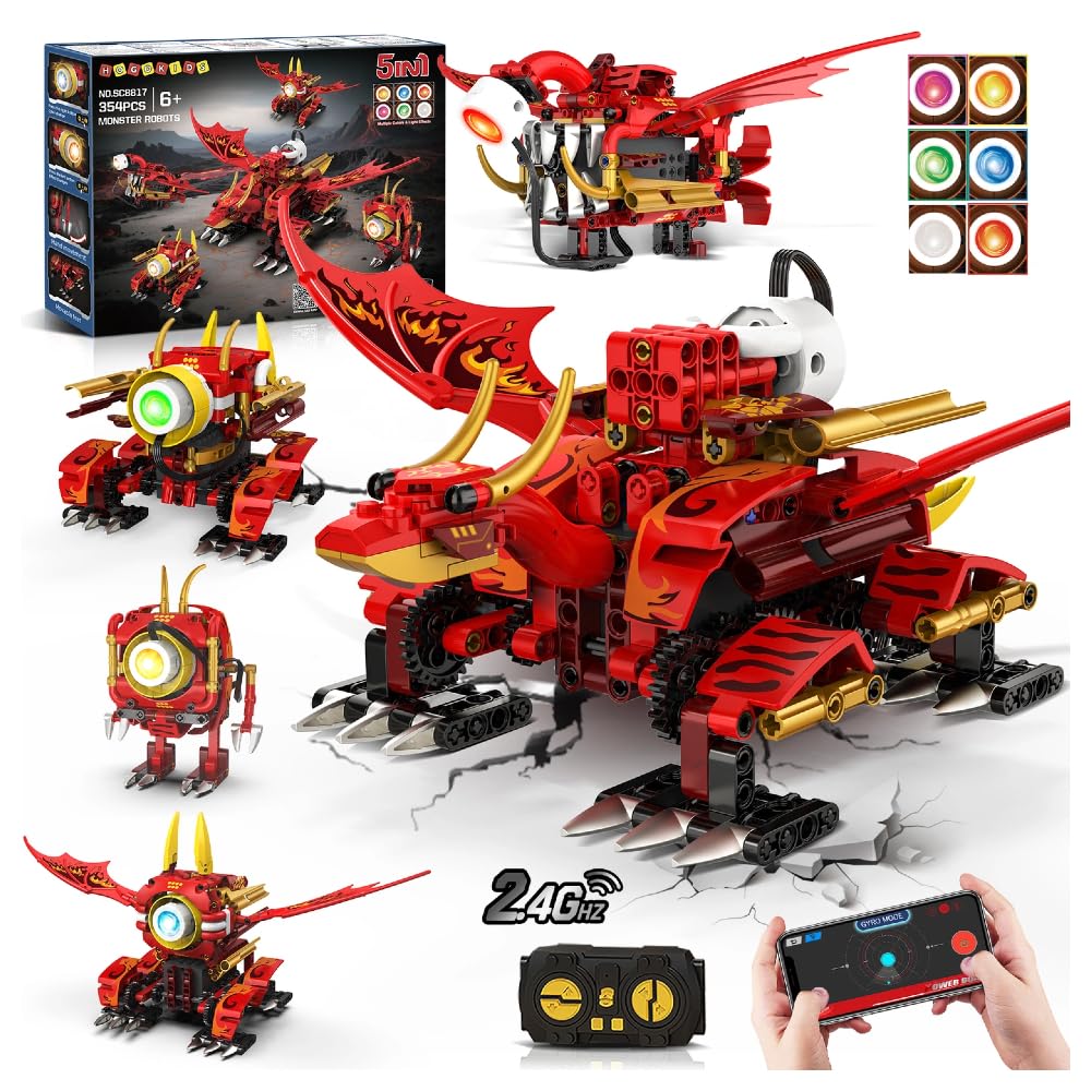 HOGOKIDS - 5 en 1 Juego de Bloques de construcción de Robot dragón con 6 Colores de iluminación y 5 Efectos de luz - 354 Piezas de Juguete Robot controlado por Control Remoto y App, Regalo para niños