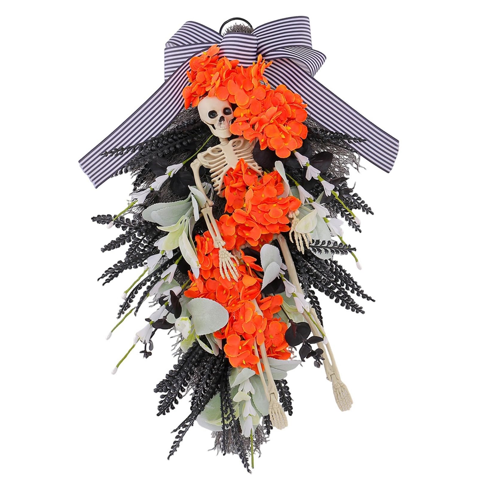 Pasisuu Halloween Skeleton Wreath for Front Door, Spooky Skull Teardrop Swag with Artificial Flowers And Bow for Gothic Holiday Party Home Wall Decor A