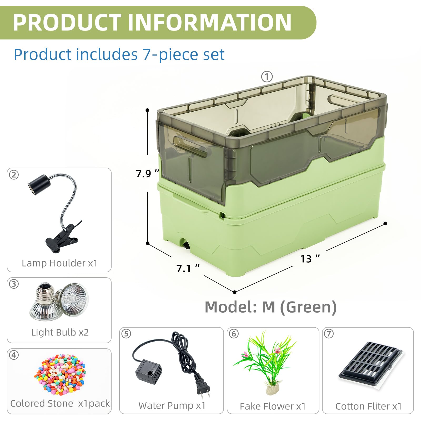 Wedoelsim Turtle Tank kit with Filter+Water Pump+Heat lamp, Wheels, Easy to Move, Imitate The Natural Flows, Suitable for Small Turtle Horned Frog Hermit (M, Green)