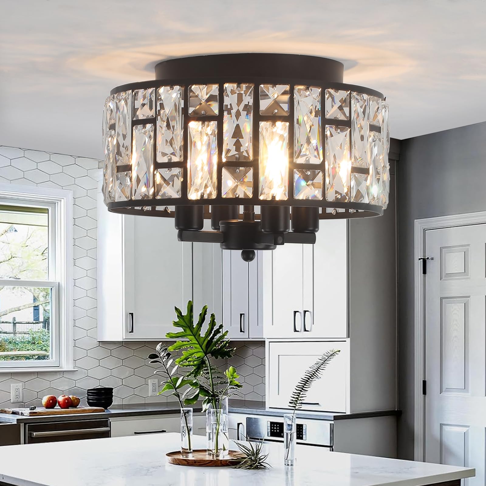 Rviezza Flush Mount Black Ceiling Light, Modern 4-Lights Crystal Ceiling Light, Industrial Chandelier for Living Room Bedroom Hallway Kitchen Entryway with E14 Dimmable Base — image 1