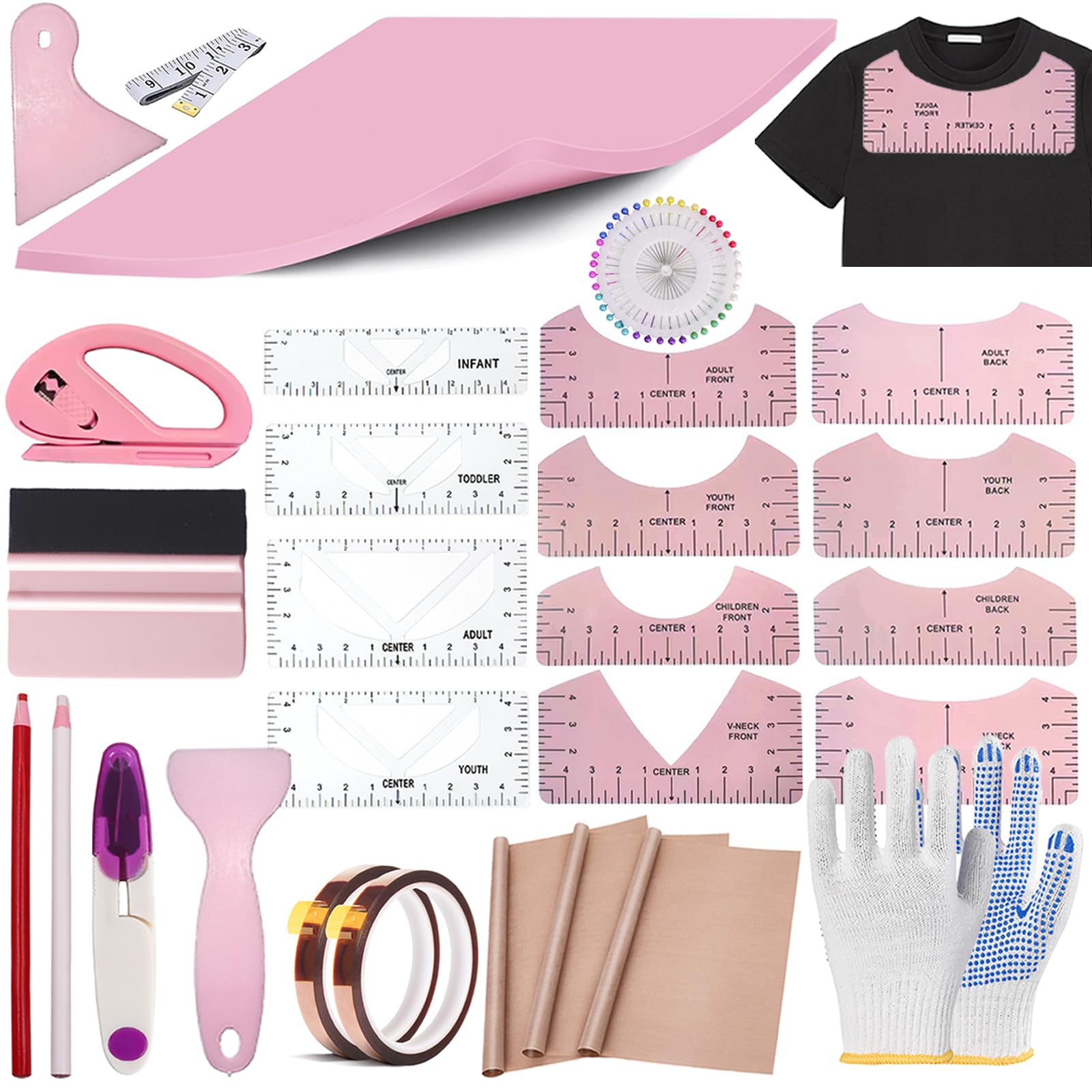 Sublimation Shirts Tool Kits for Vinyl Alignment,Heat Press Mat Pad Silicone,T-Shirt Rulers Guide and Teflon Sheet for Cricut Heat Press HTV Vinyl Center Designs,Craft Sewing Accessories