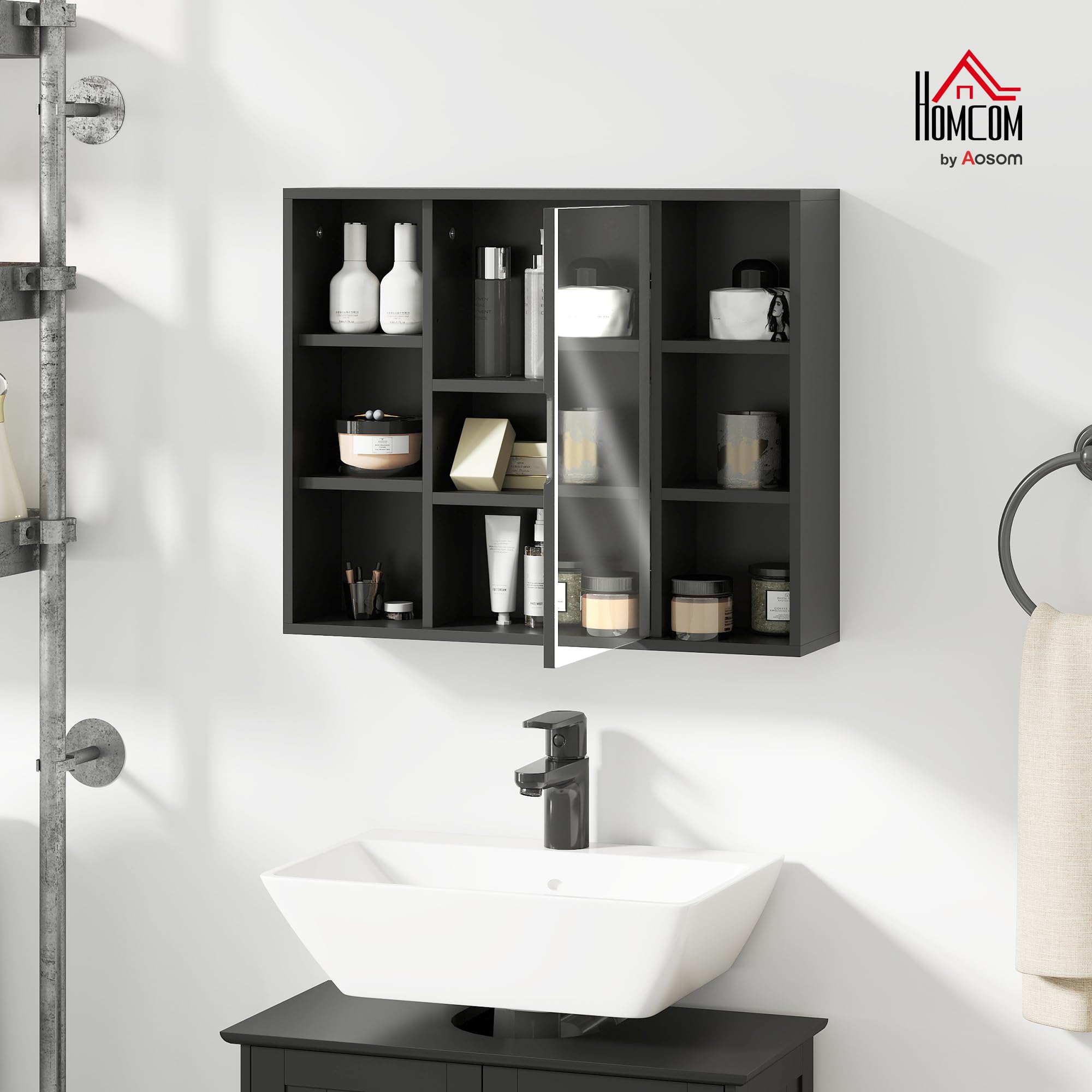HOMCOM Armario de baño de Pared con Espejo, 60x14,5x49,4 cm, Negro