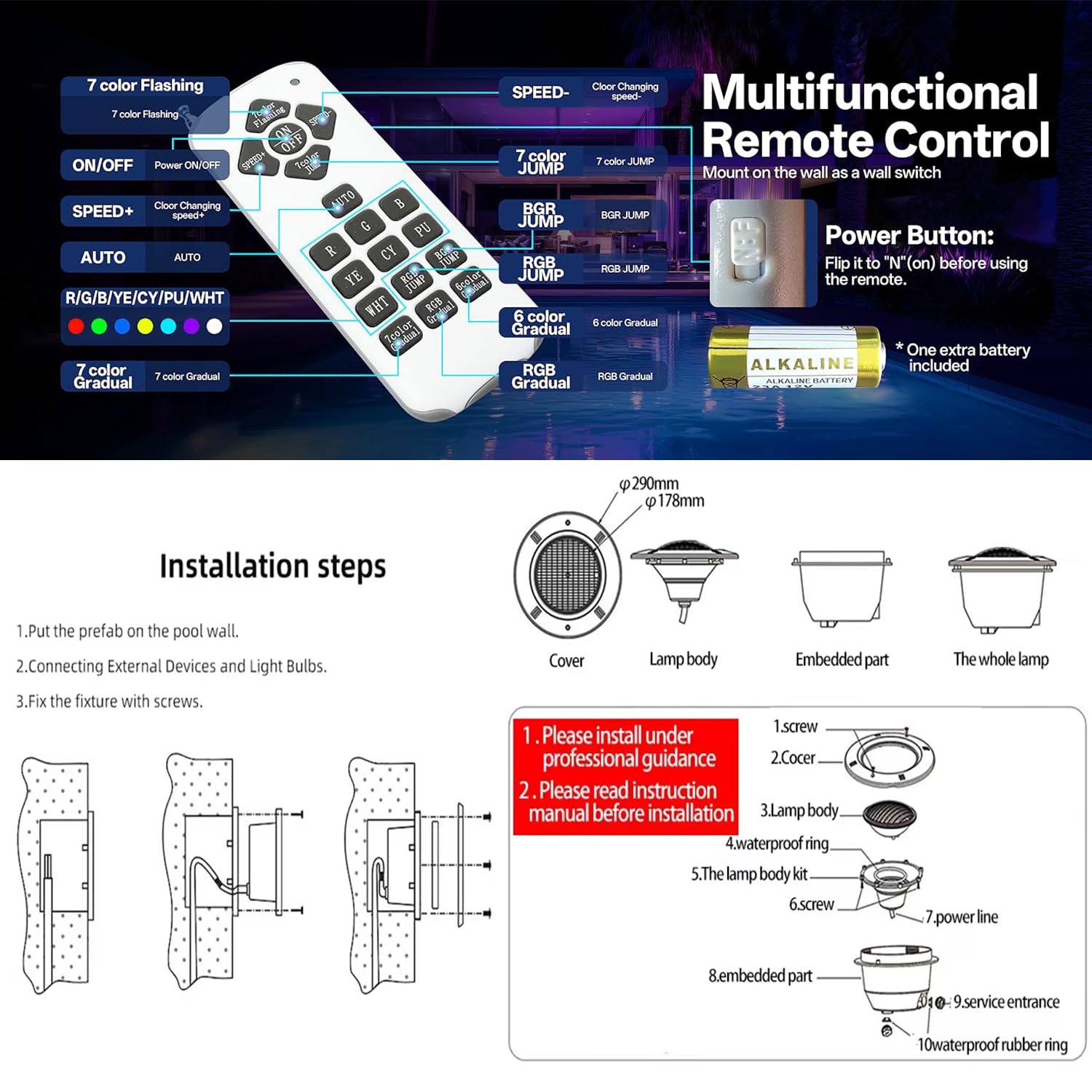 BARCELONA LED Lampadina LED Piscina PAR56 RGB 24W AC12V IP68 Subacquea con Telecomando Ø178mm Luce LED Subacquea SMD2835 per Piscine Spa, Fontane, Hotel e Giardini