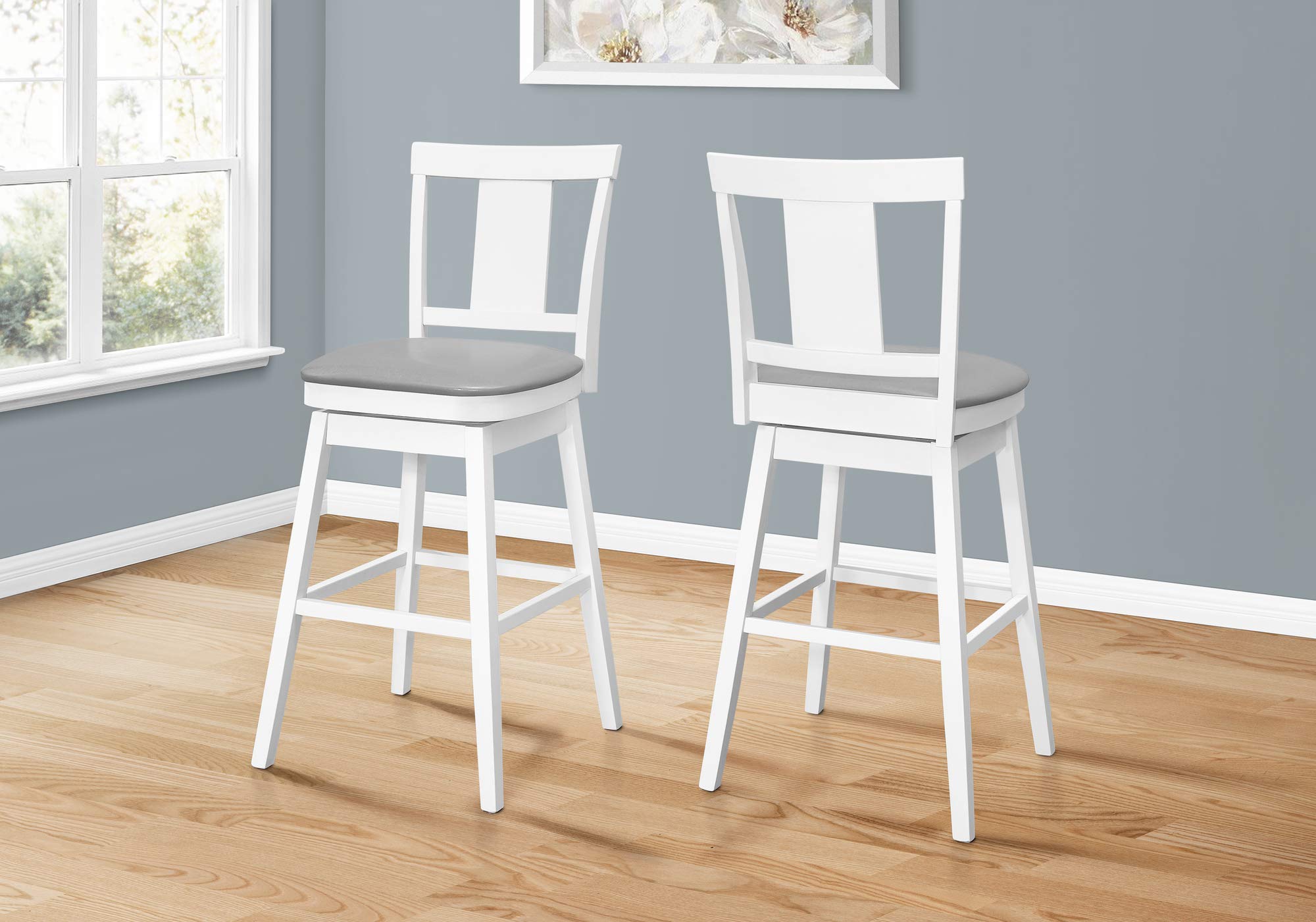 Monarch Specialties I 1232 Bar Height Swivel Chair with Panel Back and Upholstered Seat - Set of 2 - Barstool, 44" H, White/Grey Leather-Look