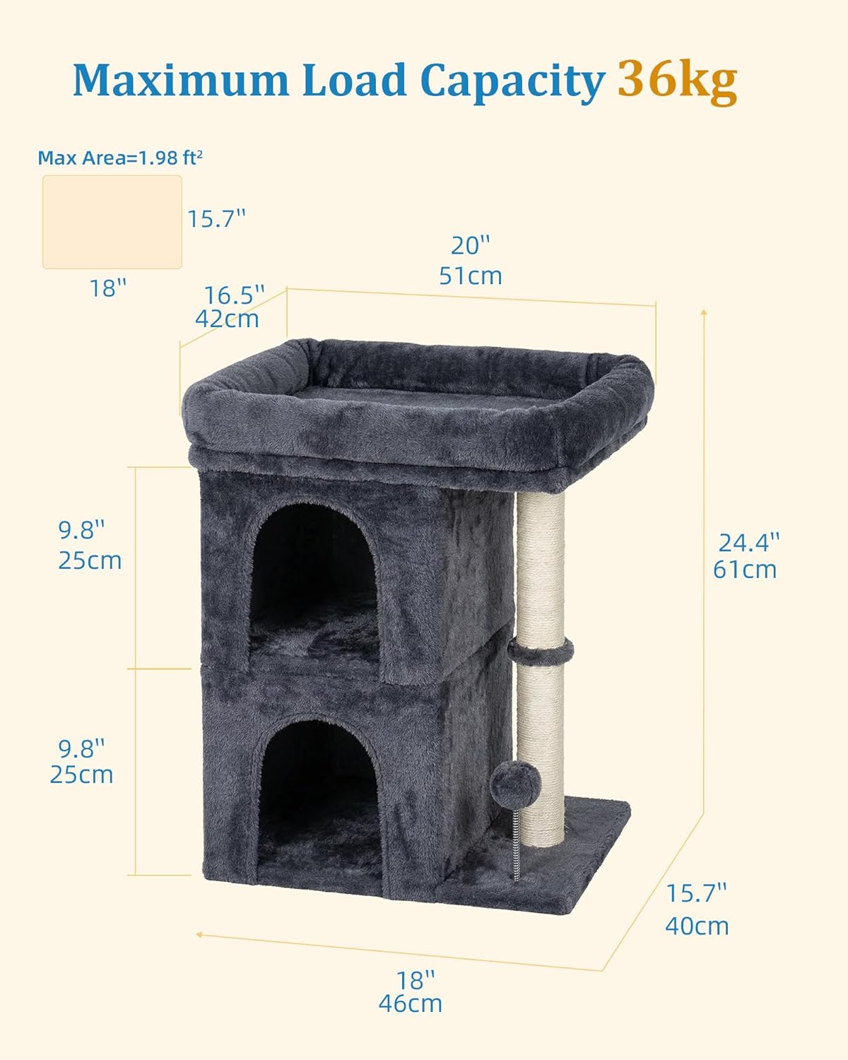 Aechonow Cat Tree for Large Cat, 19 * 16.5In Large Cat Perch, Adult Cat Tower for Indoor Cats with 24In Long Scratching Post, 2 Cozy Cat Condo House for Adult & Fat Cats, Dark Gray