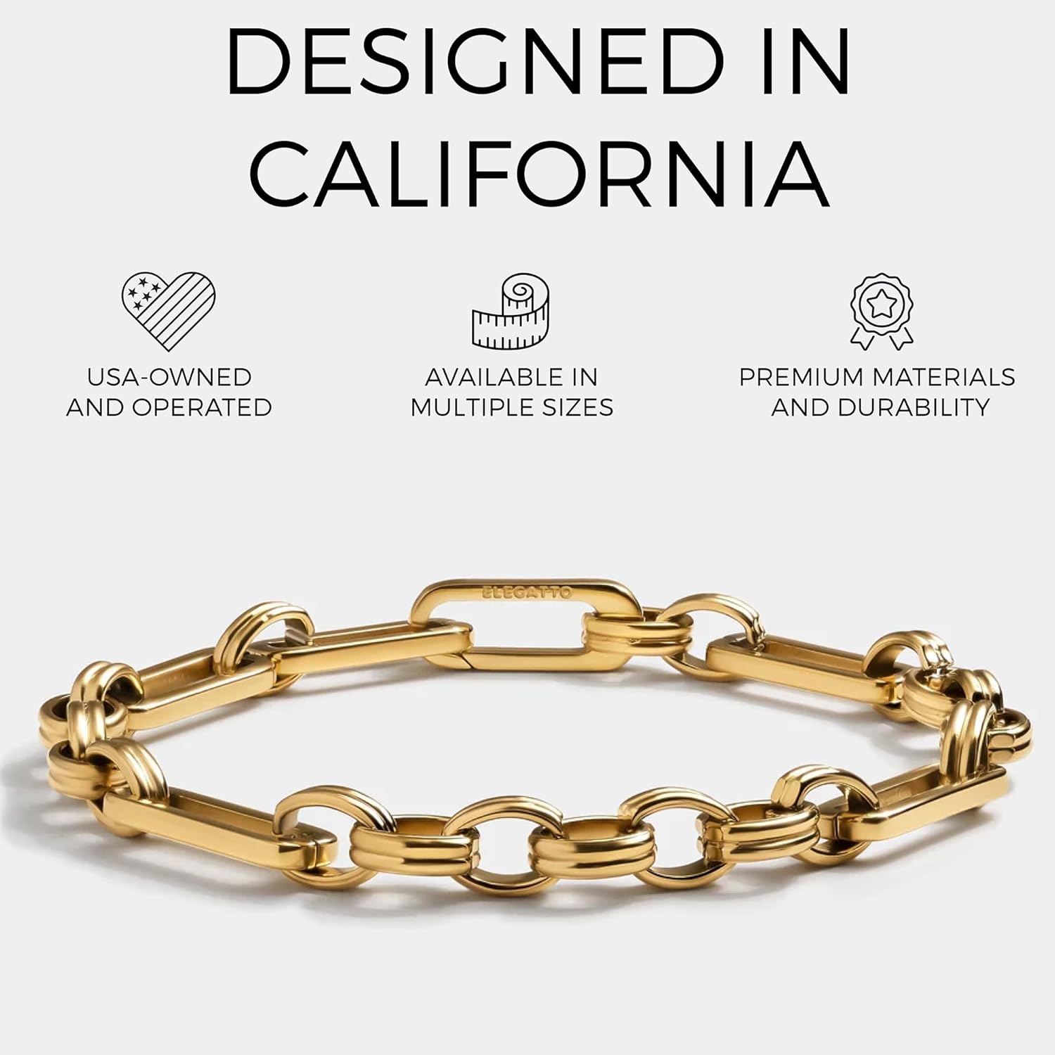 Elegatto Catena Premium 18K Gold Plated Chain Bracelet for Men & Women| Rectangular Link Stainless Steel with Seamless Hinge Clasp | Unisex Designer Jewelry