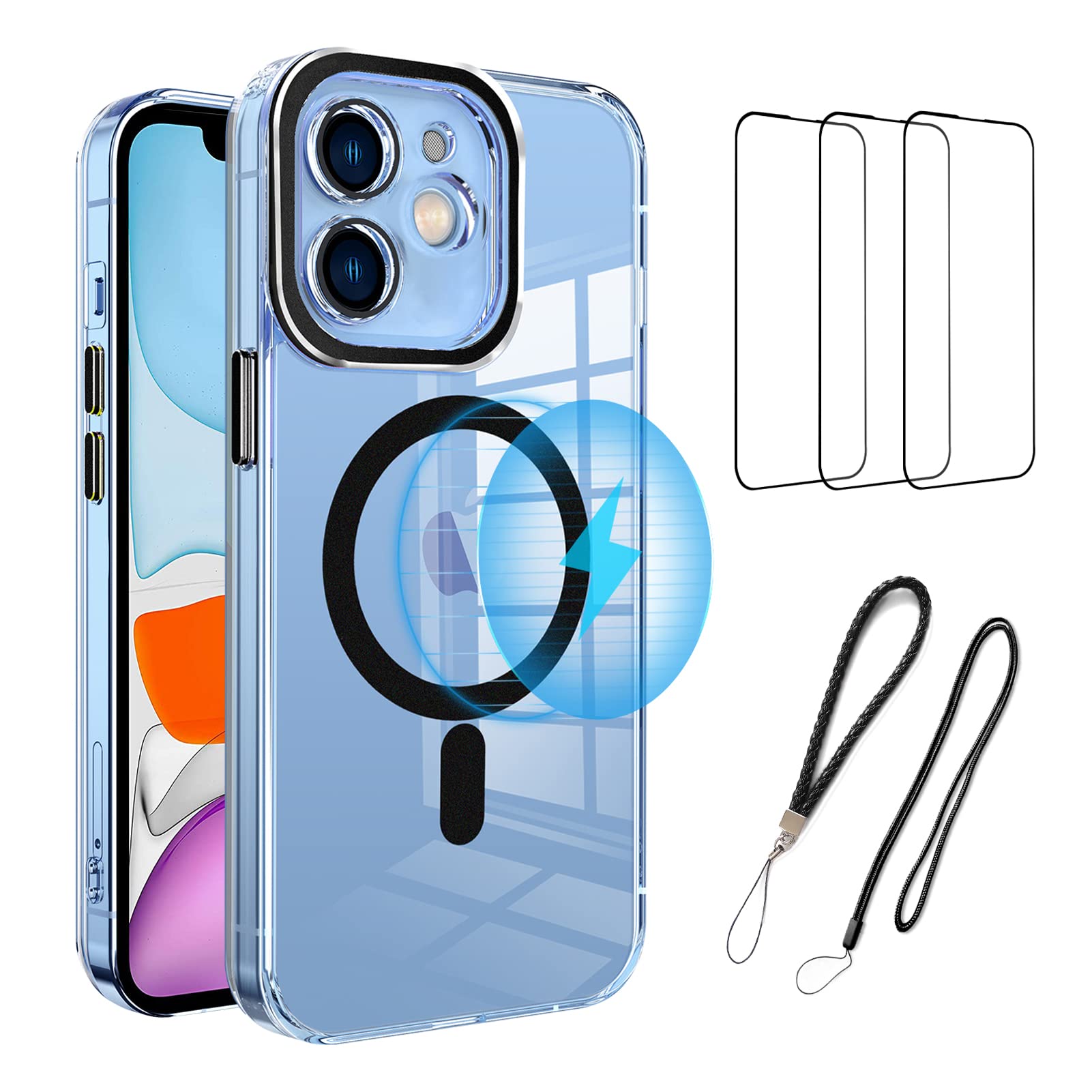 Wlxee [5 in 1] Compatible with iPhone 11 5.8Inch 2019 Magnetic Phone Case, [3pcs Glass Screen Protector+2pcs Different Lanyards] Long Time use Without Yellowing[Compatible with Magsafe](Black