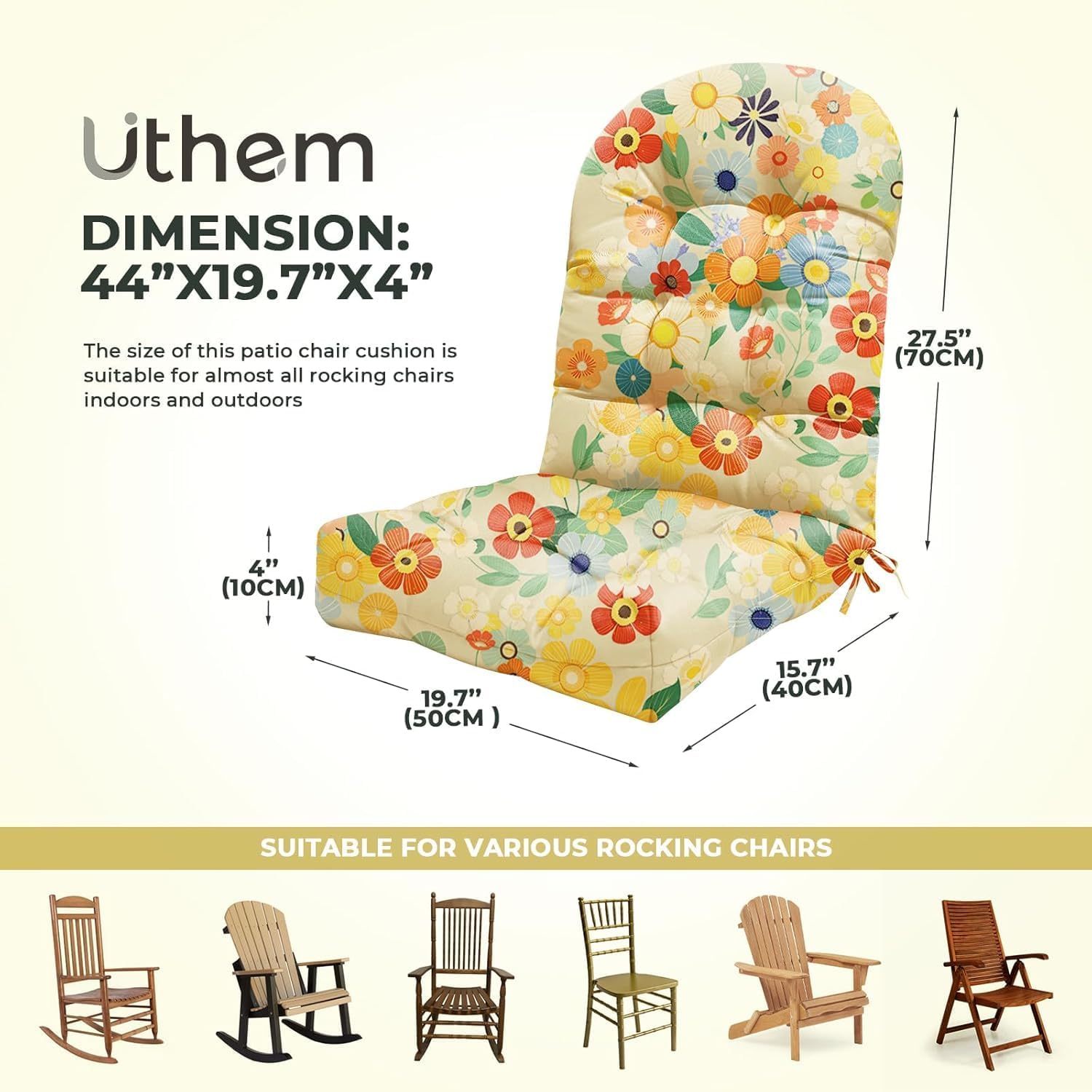 2 Pack Adirondack Chair Cushion Waterproof Indoor Outdoor Rocking Chair Cushion 44 Inches Patio High Back Chair Cushions Thickened Adirondack Rocking Chair Cushions with Ties, Daisy