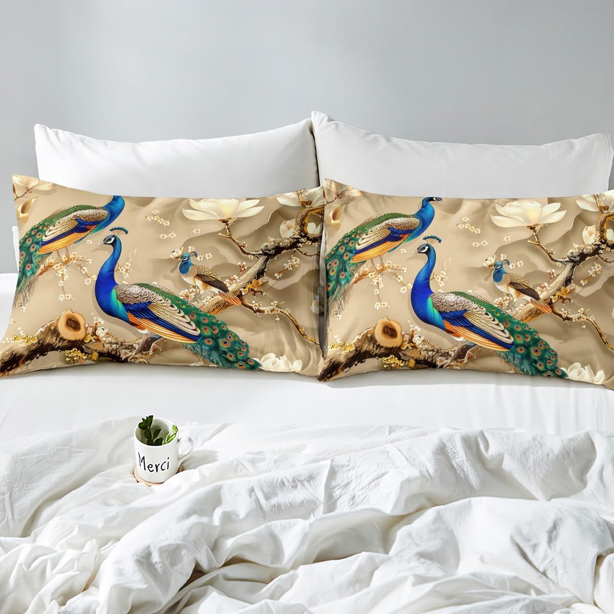 Feelyou Peacock Comforter Cover Set Peacock with Floral Bedding Set for Kids Adults Girls Animals Duvet Cover Botanical Bedspread 1 Duvet with 2 Pillowcases King Size (No Comforter)