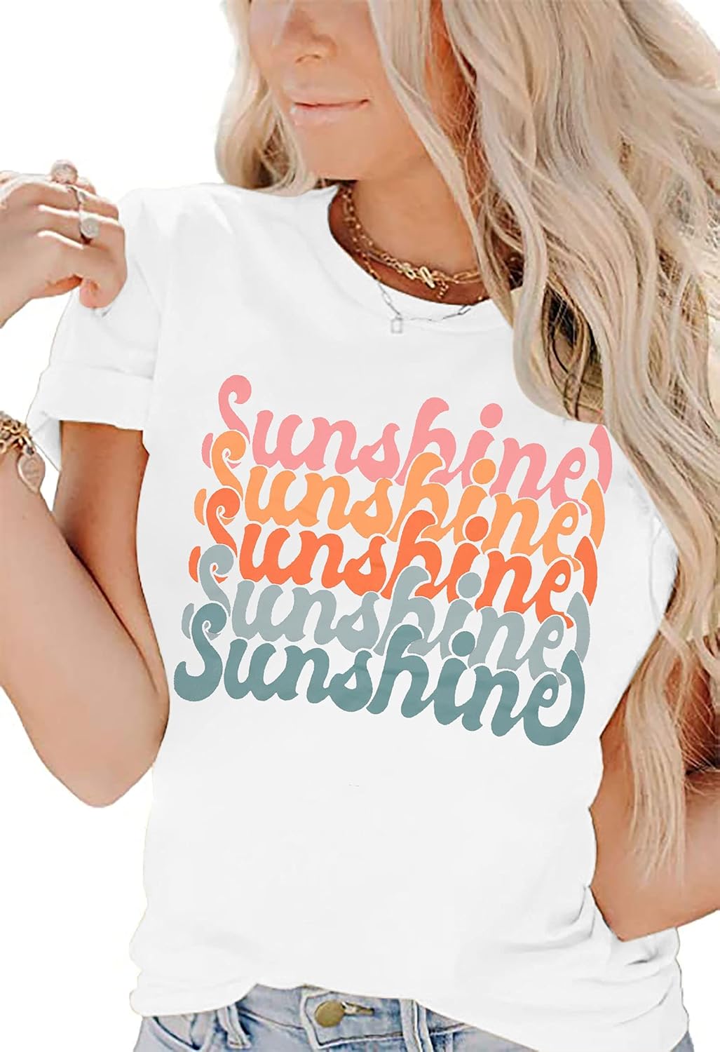 Womens Sunshine Summer Graphic T Shirts Funny Colorful Letter Print Tee Shirt Tropical Vintage Casual Tee Tops