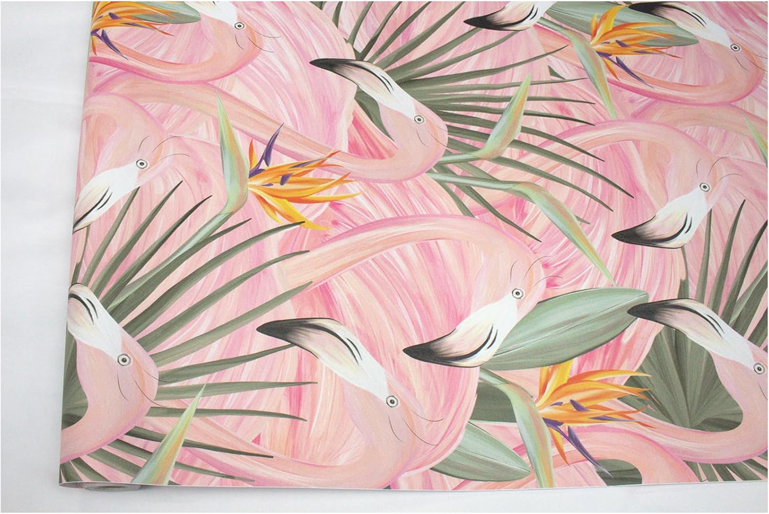 HAOKHOME Pink Wallpaper Peel and Stick Tropical Flamingos Removable Stick on Contact Paper for Bedroom Pink/Green/Orange 17.7in x 9.8ft