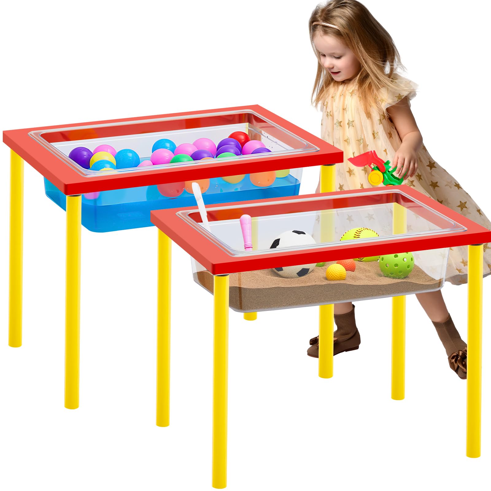 Uiifan 2 Sets Wood Sensory Sand Water Table 20 Inch High Kid Activity Table for Kids Toddlers Preschool Classroom Gift(Red and Yellow)