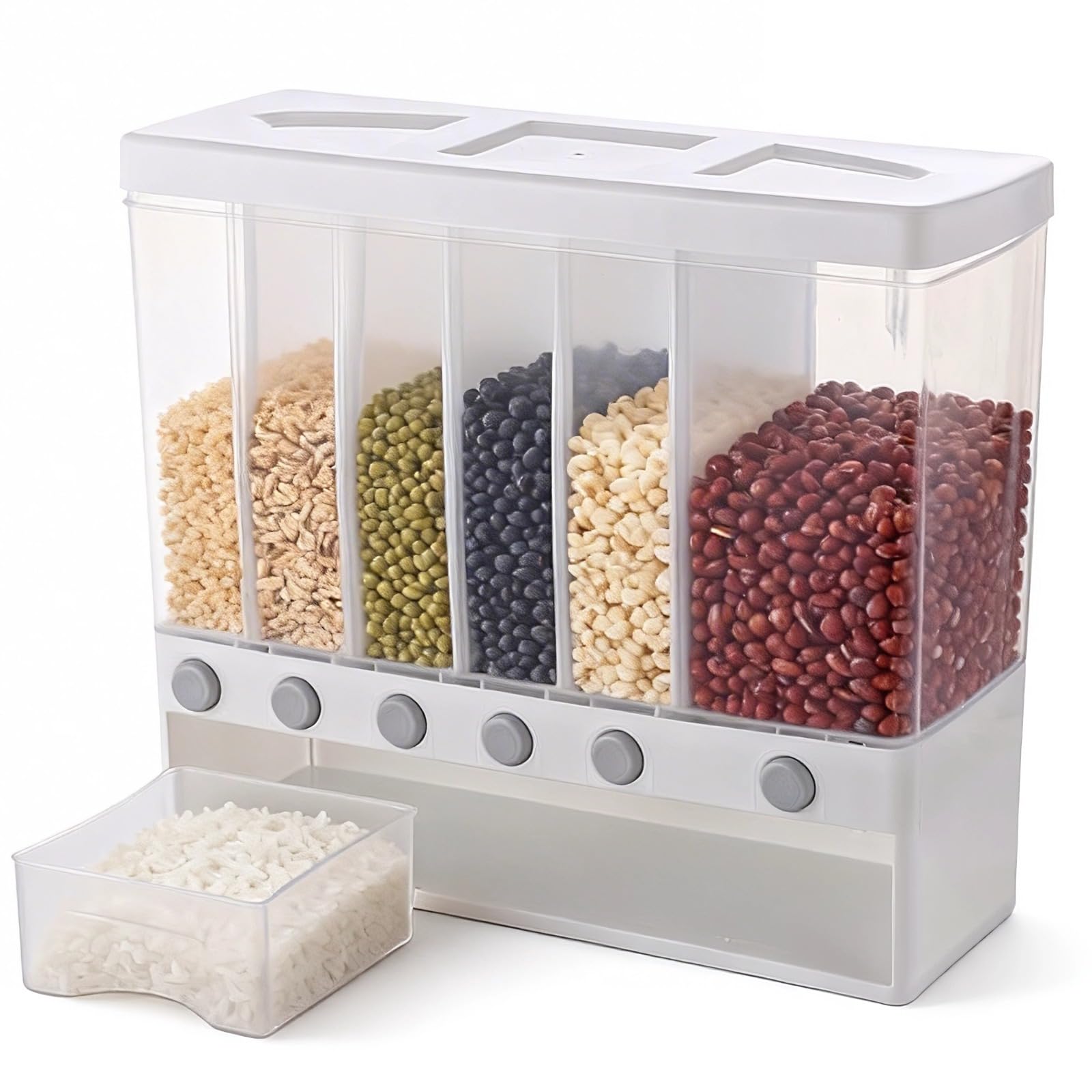 Wandmontierter Reisspender mit 6 Fächern, 10 kg Kapazität, für trockene Lebensmittel, Müsli, mit Druckknopf, quantitativer Ausgabe und transparenter Schublade, für Küche und Speisekammer