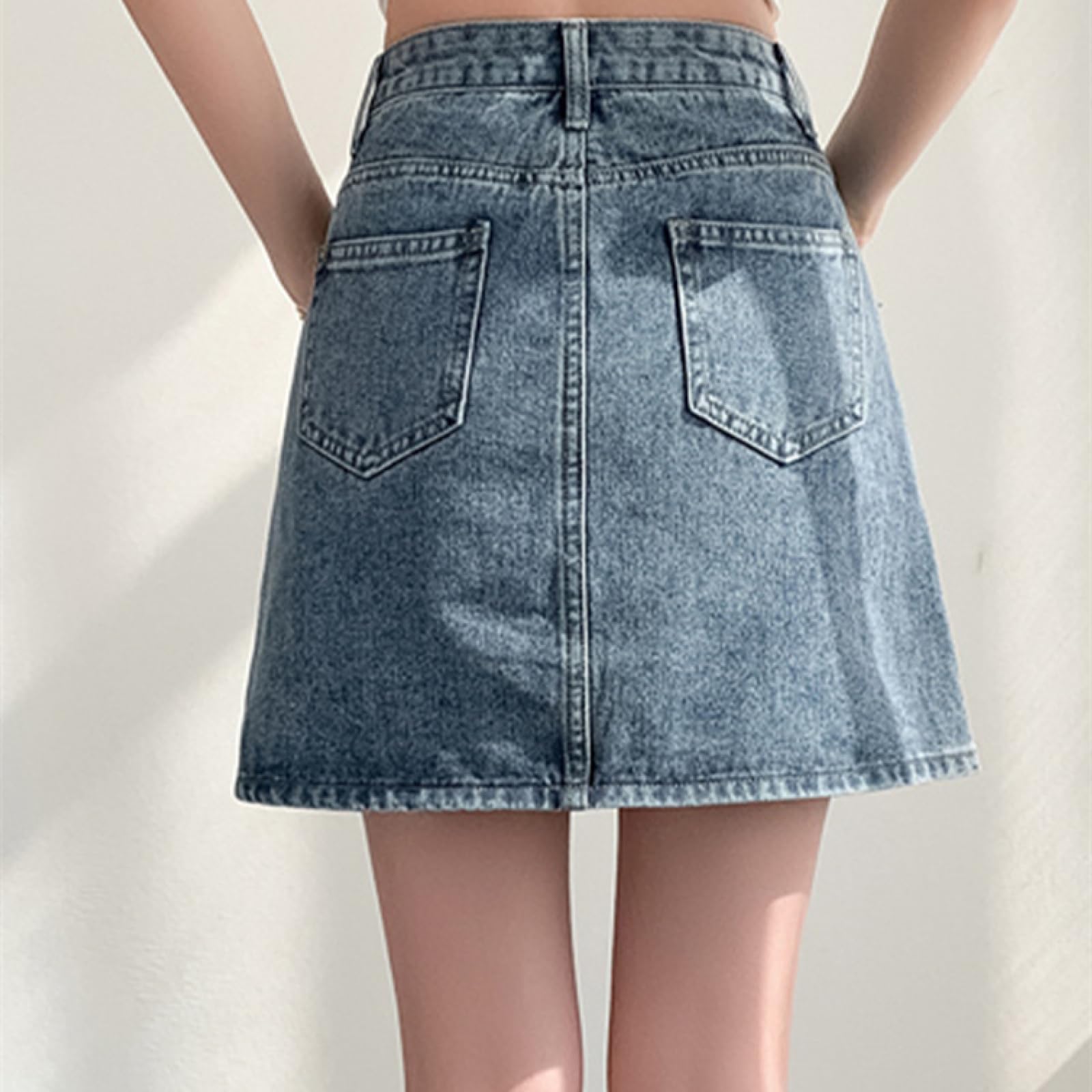 OLEETS Falda Vaquera Corta De Mujer - Falda Vaquera Informal De Cintura Alta para Mujer, Ropa De Calle De Estilo Coreano A La Moda para Primavera Y Otoño con Bolsillos De Talla Grande