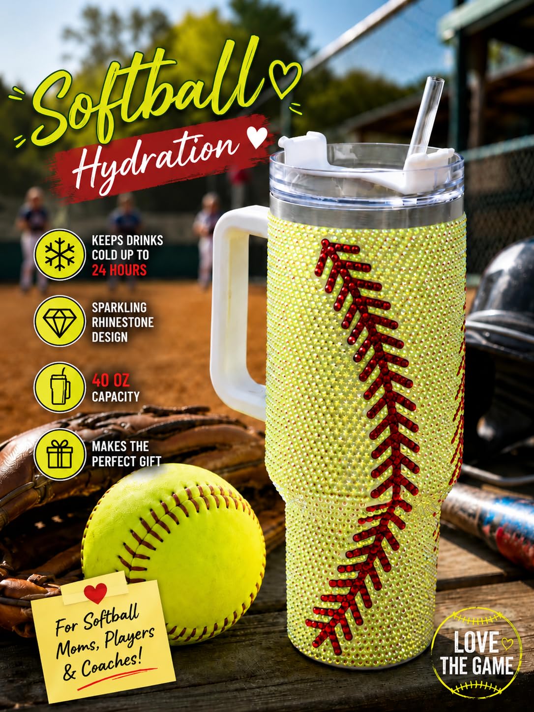 Trinkbecher mit Griff und Strohhalm (gelber Softball), Edelstahl und doppelwandig isoliert, 1,2 l