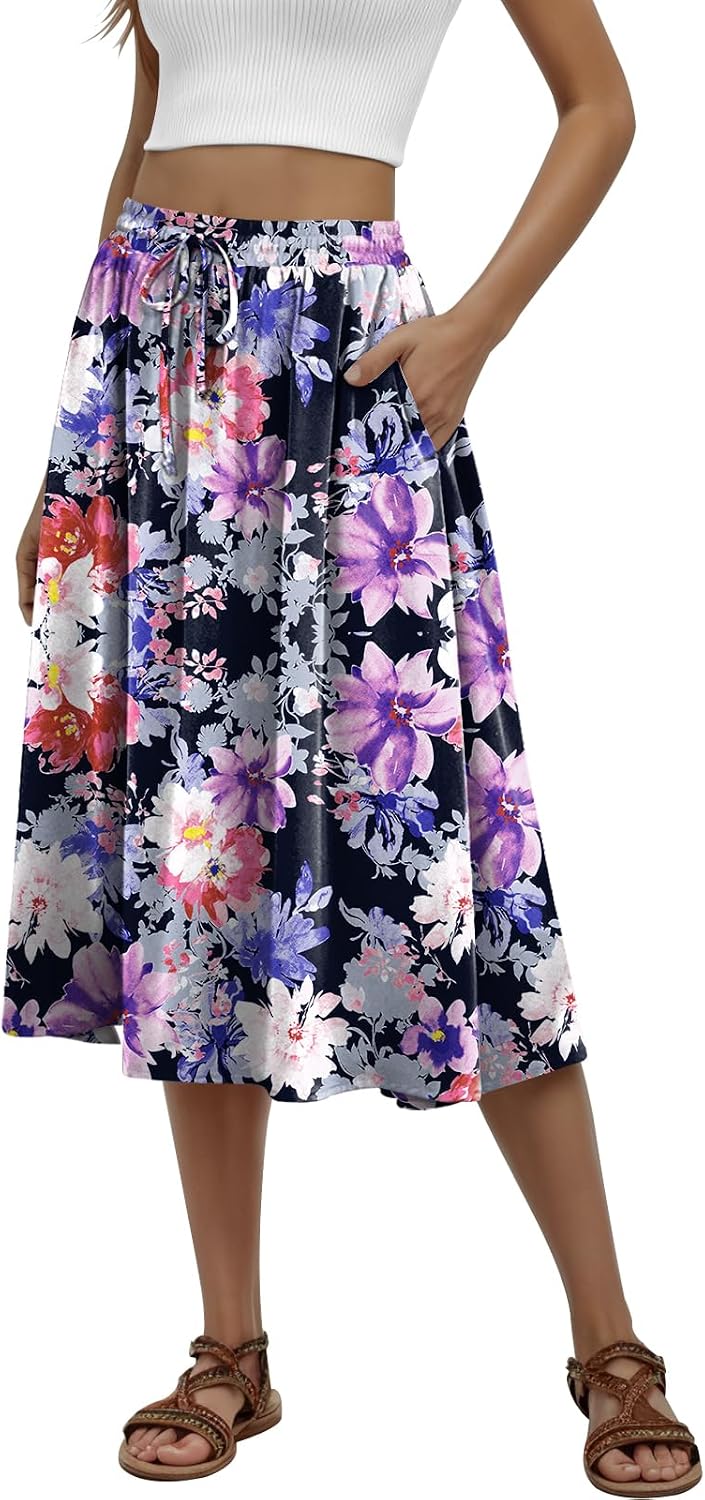 MLXSJ Women's Midi Skirt Summer Pleated Flowy Elastic High Waisted Skirts with Pockets