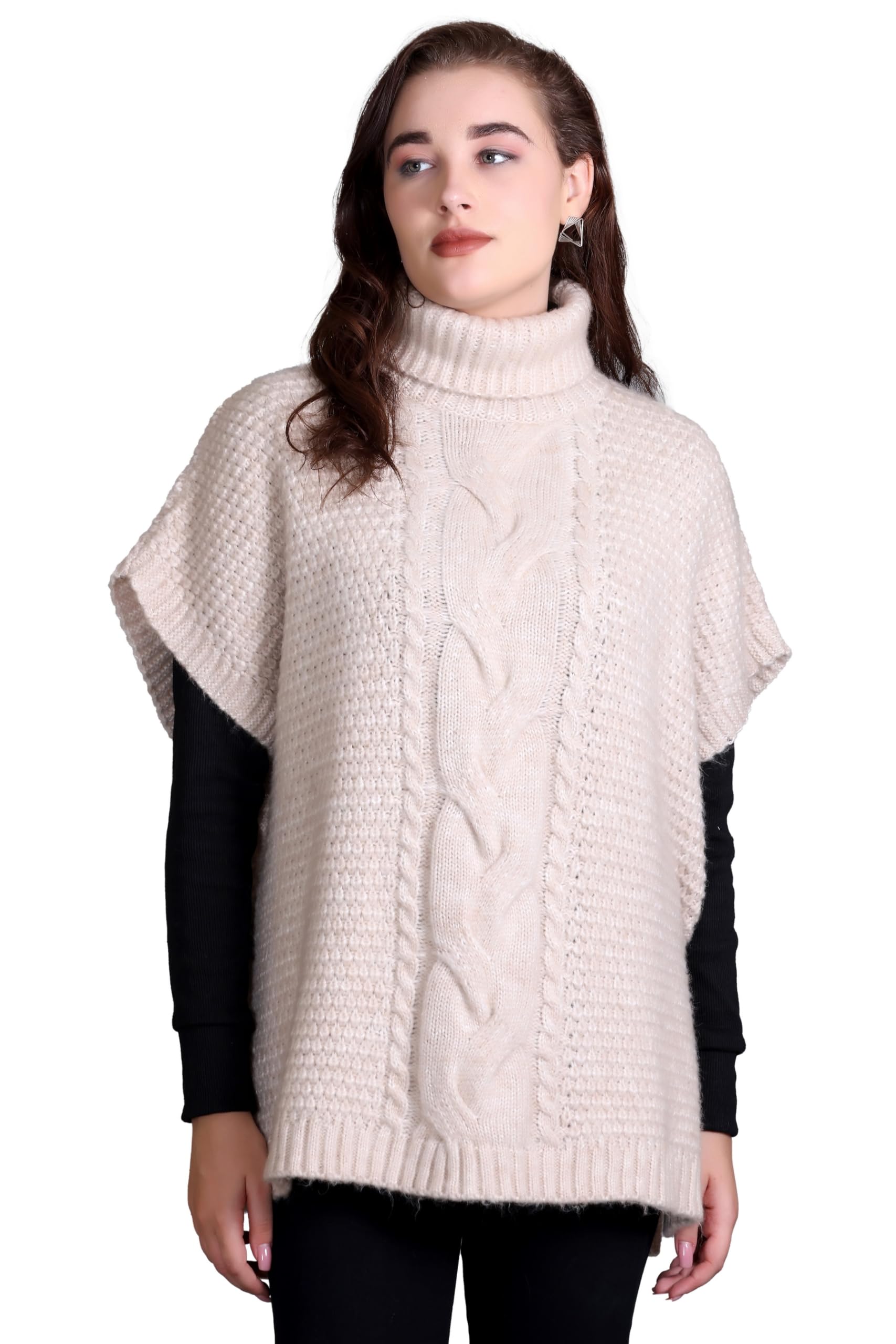 513 Girls Womens Acrylic Knitted Self Design Side Open High Neck Winter Wear Cardigan Poncho Beige-picture-26