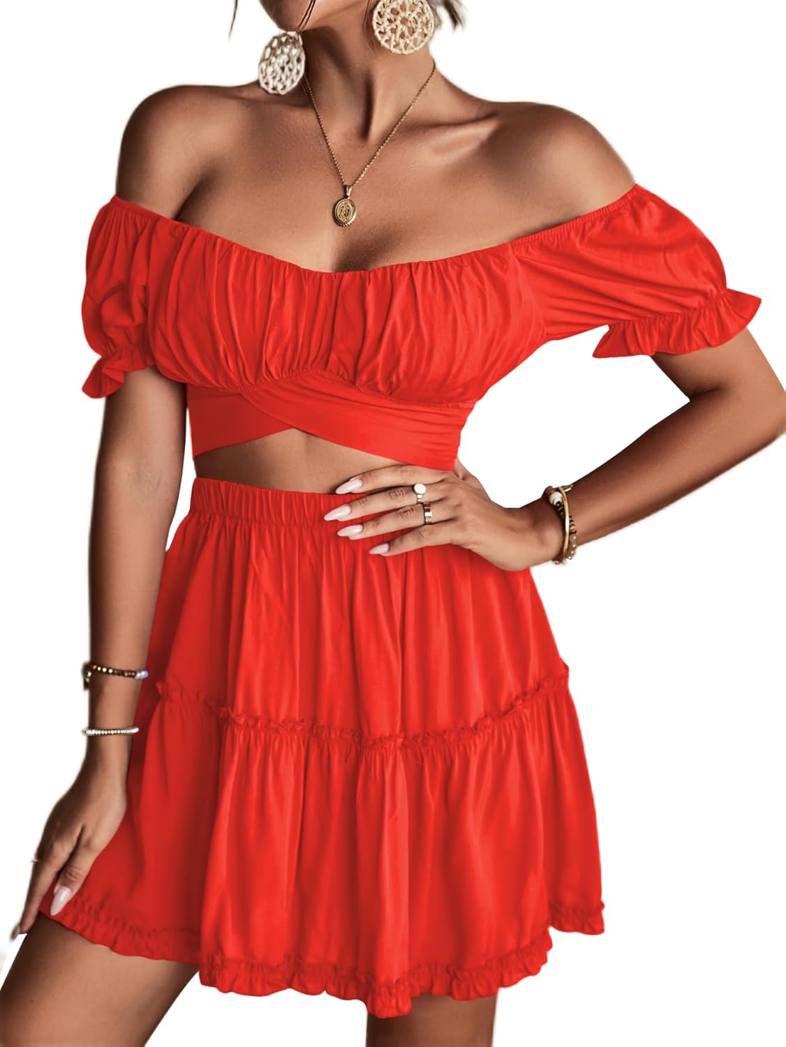 LYANER Women's 2 Piece Outfits Off Shoulder Tie Up Back Crop Top and Mini Skirt Set Solid Red X-Small - Image 3