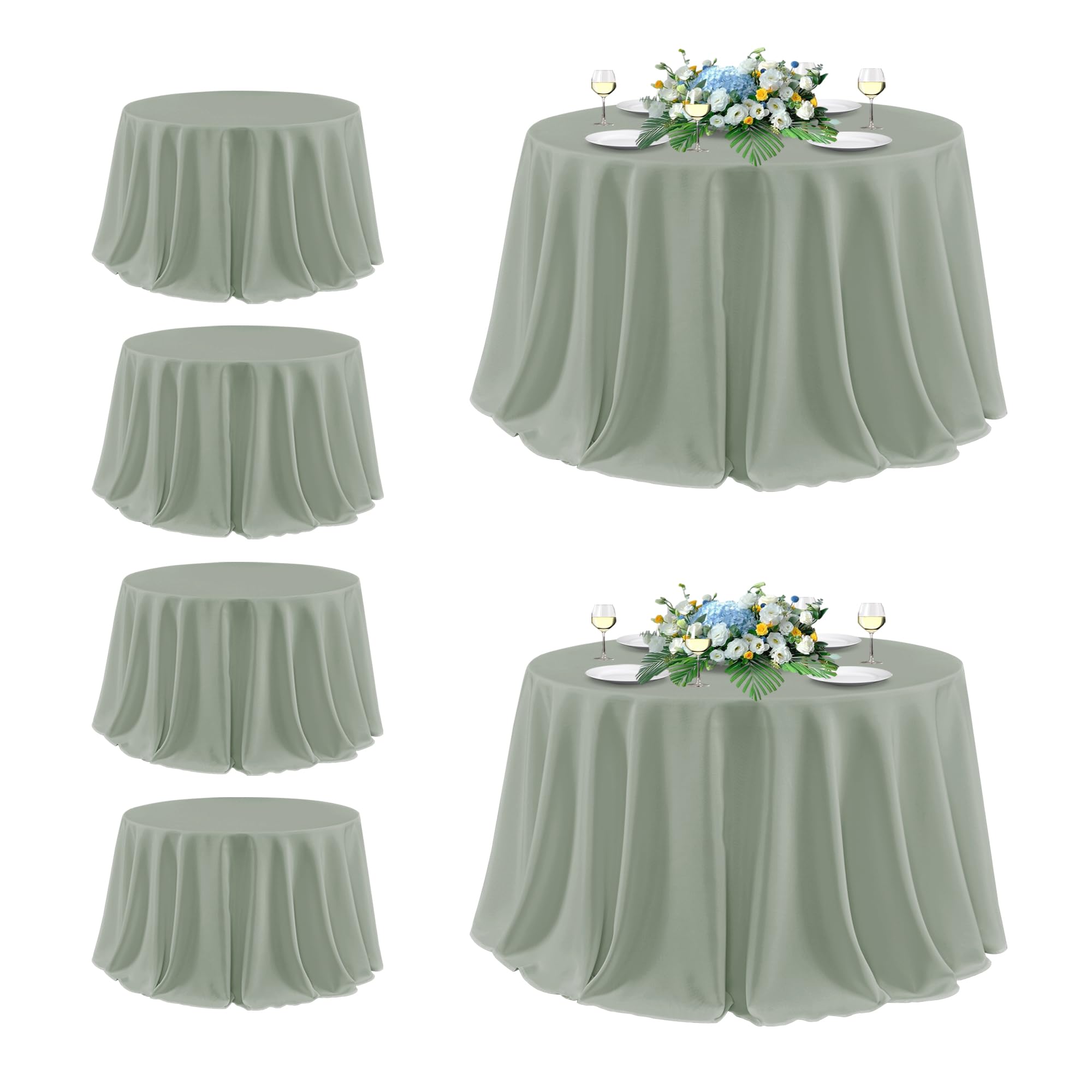 sancua Round Tablecloth 132 Inch Fit 54-96 Inch Tables, 6 Pack Sage Green