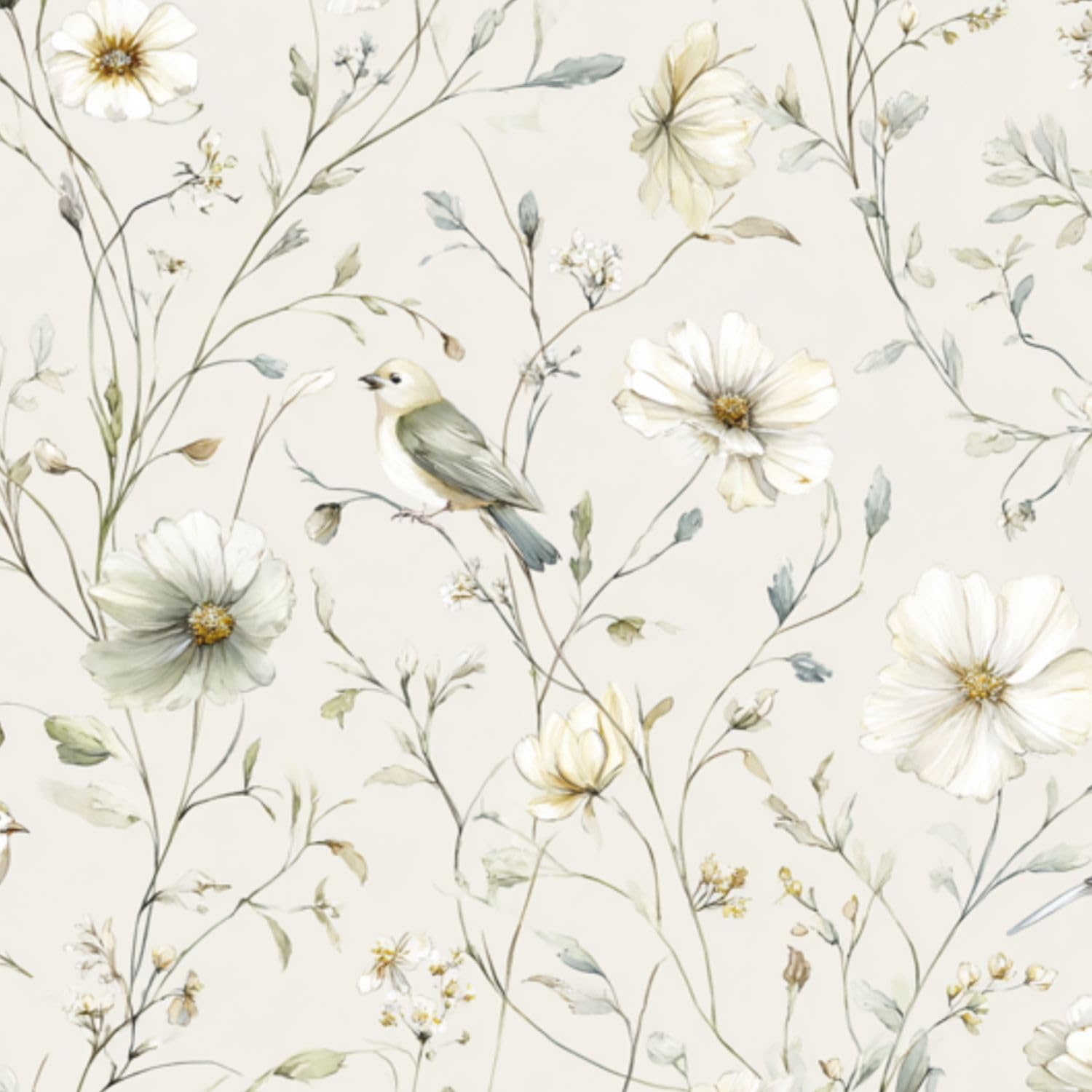 DERUINVAIO Self Adhesive Feature Removable Watercolor Botanical Meadow Peel and Stick Vinyl Wallpaper Roll, Sticky Lining Paper for Bedroom, Living Room, Kitchen Walls