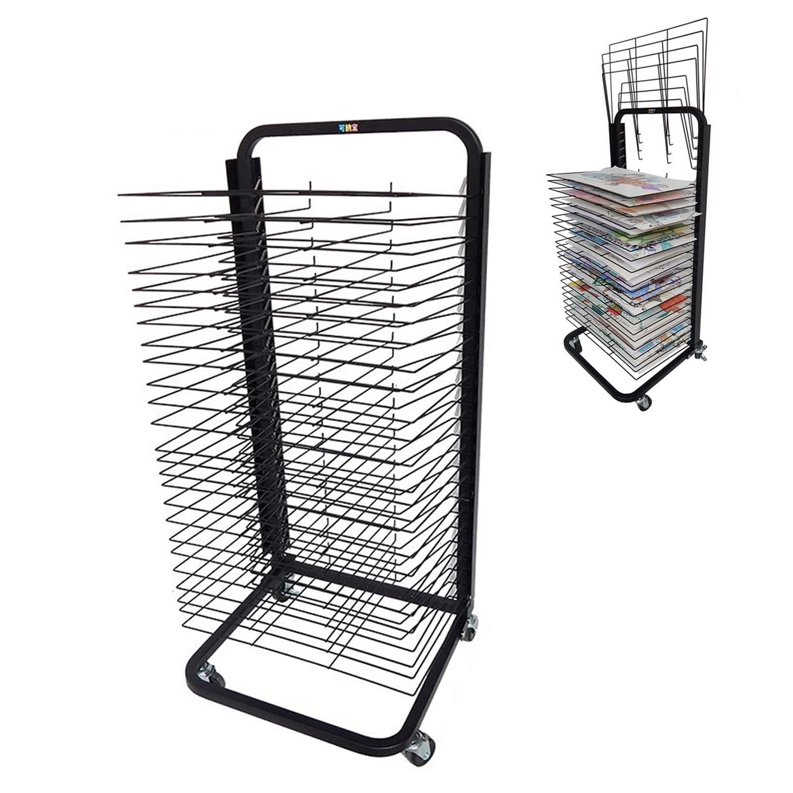 Aioneer Wire Art Drying Rack With 25 Flexible Shelves, Mobile Art Cart For Canvas & Artwork Storage, Stackable Metal Steel Rack For Classrooms & Art Clubs, Black