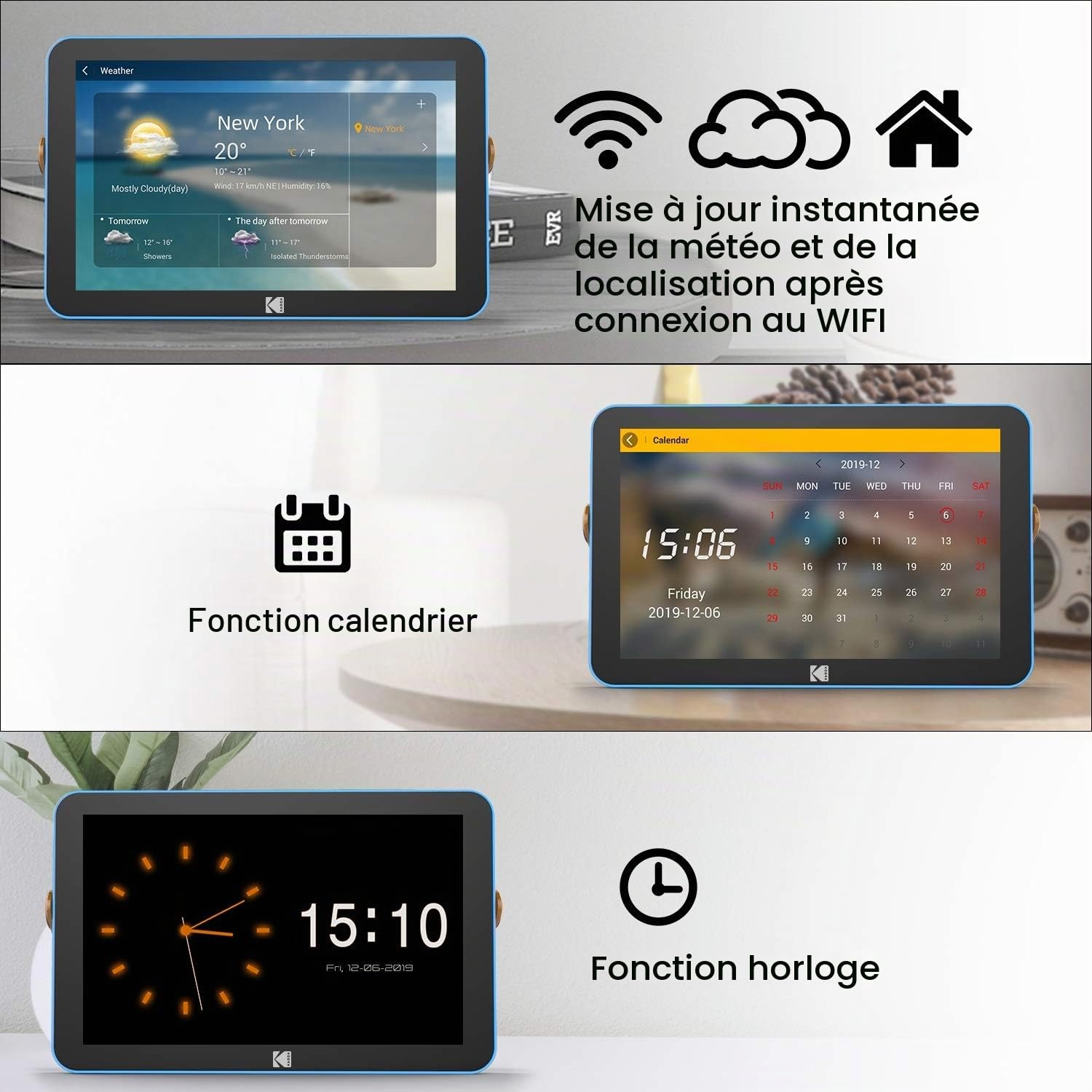 KODAK RWF-108V 10" - Cadre Photo Numérique Wi-FI, Écran IPS Tactile 1280x800, Stockage 32 Go, WiFi 6 Dual-Band, Batterie 4000 mAh, Contrôle App, Lecteur Multimédia - Bleu