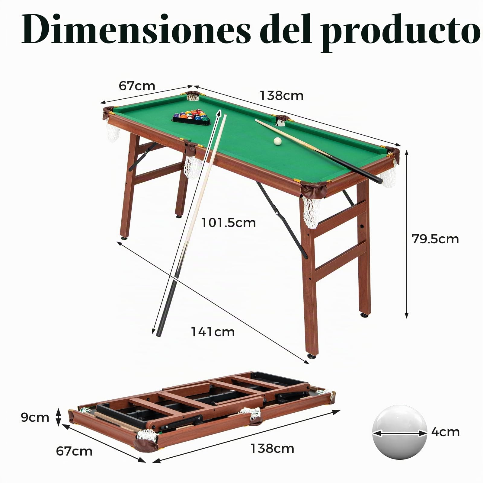HOMASIS Mesa de Billar Plegable, Mini Billar portátil con 2 Tacos, 16 Bolas, 2 tizas, triángulo, Cepillo, Patas Ajustables, Mesas de Billar Infantil para casa, Bar, niños y Adultos, 138x67x79,5cm