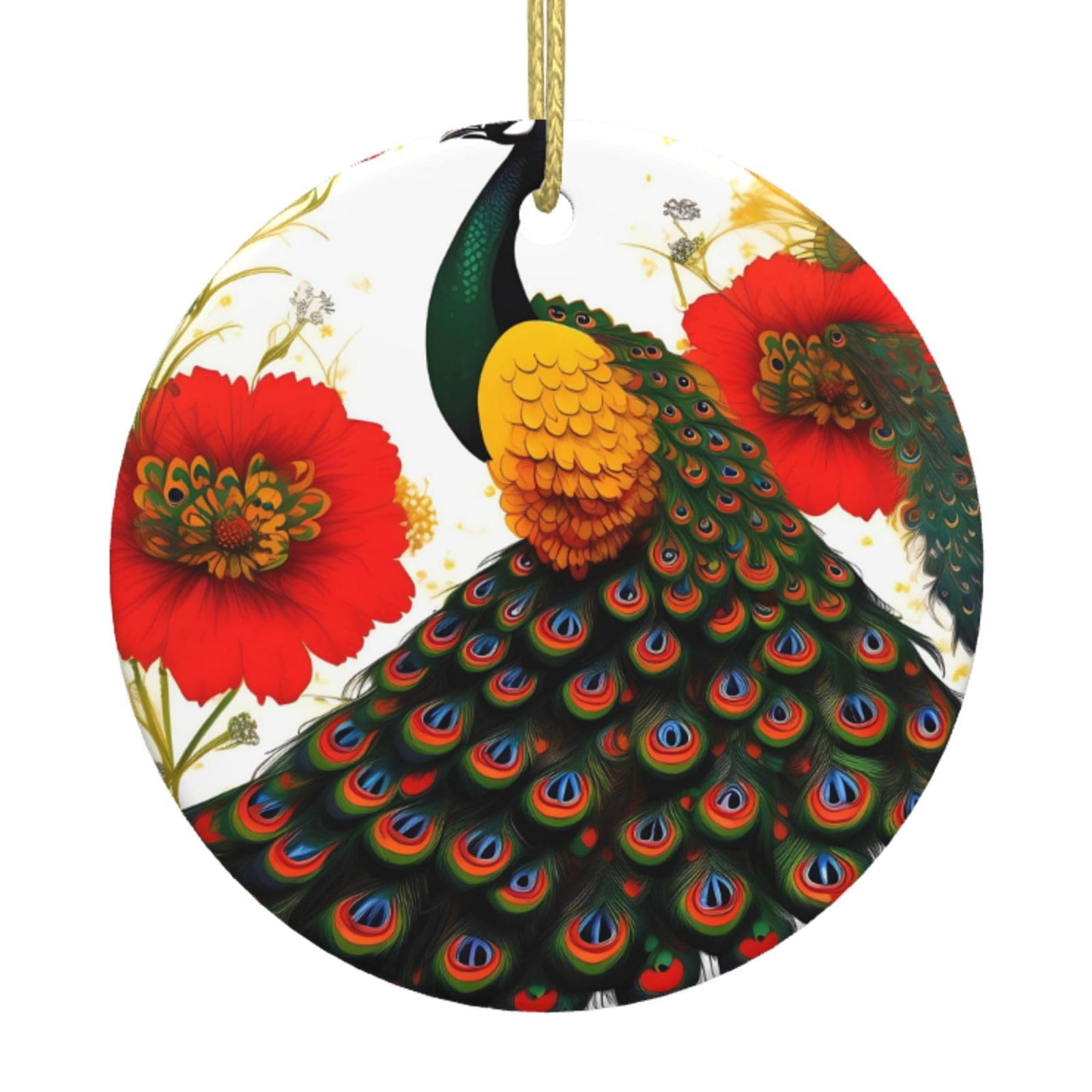 Peacock Red Flower Printed Christmas Tree Ceramic Ornaments Holiday Decoration Christmas Unique Pendant for Christmas Party