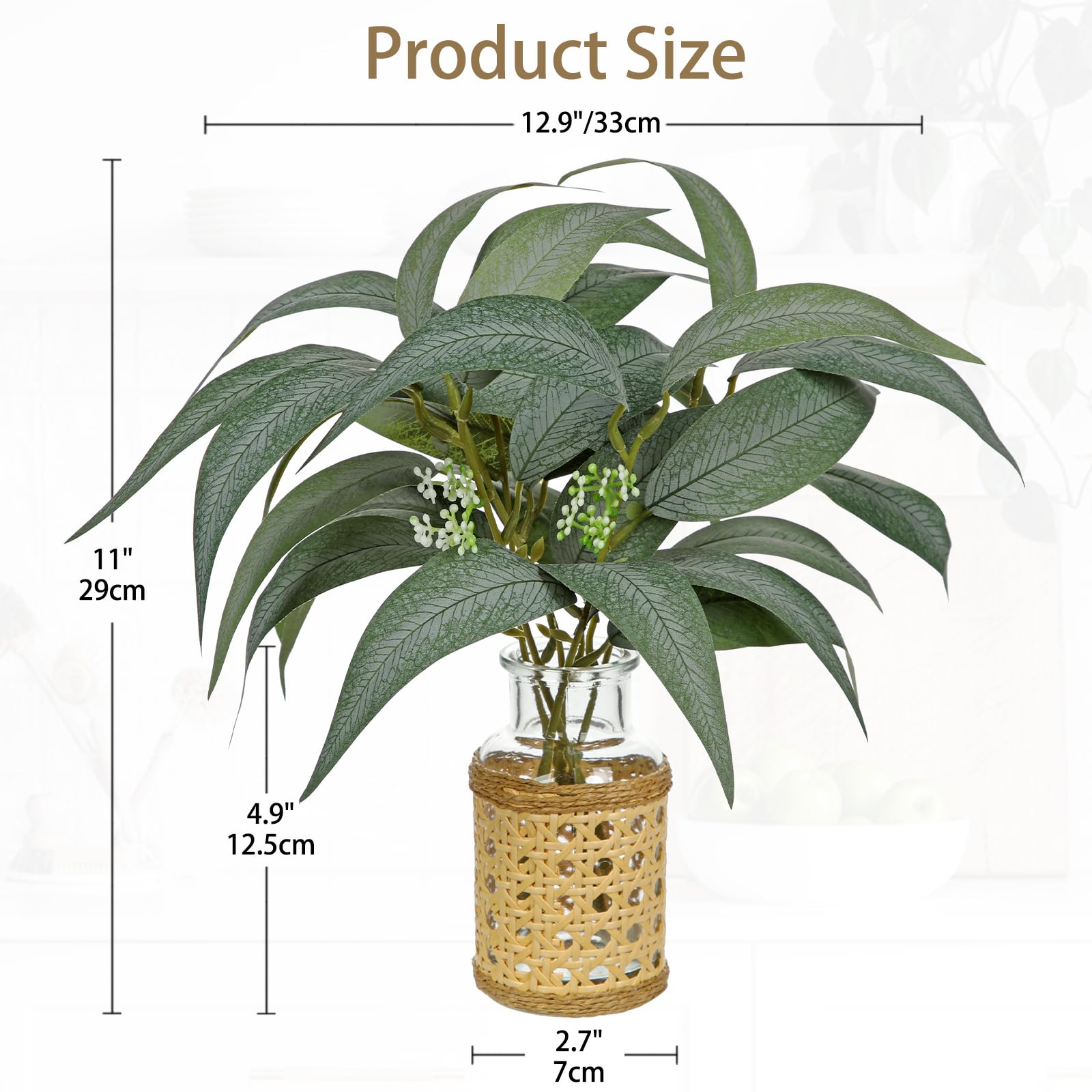 Lot de 2 tiges d'eucalyptus artificielles dans un vase en verre avec eau synthétique et panier tissé de 27,9 cm - Feuilles d'eucalyptus artificielles pour maison, bureau, ferme, chambre à coucher,