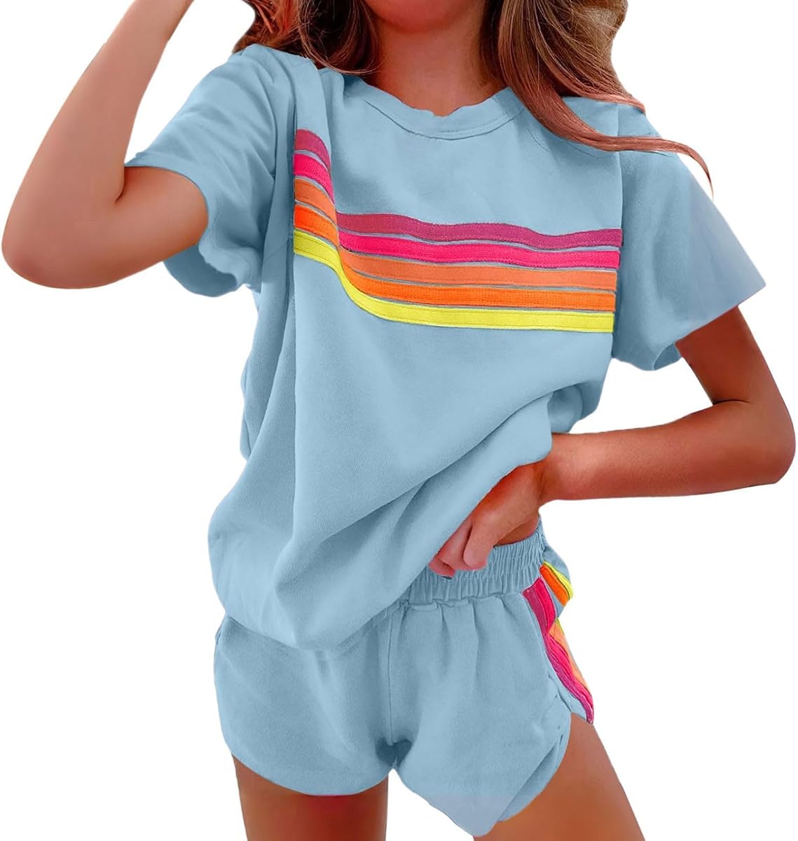 Women Rainbow Striped 2 Piece Lounge Set Color-Blocked Sweat Shorts Sets