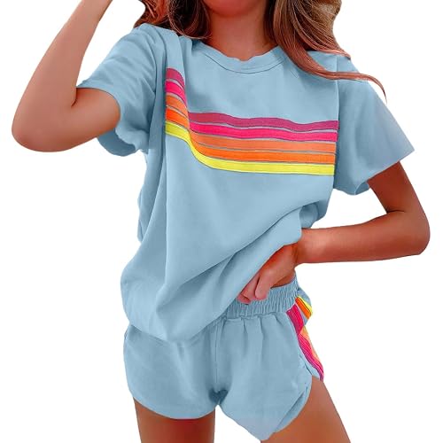 Muineobuka Womens Rainbow Striped 2 Piece Lounge Sets Casual Striped Color-Blocked Sweatshirt and Shorts Set Loungewear