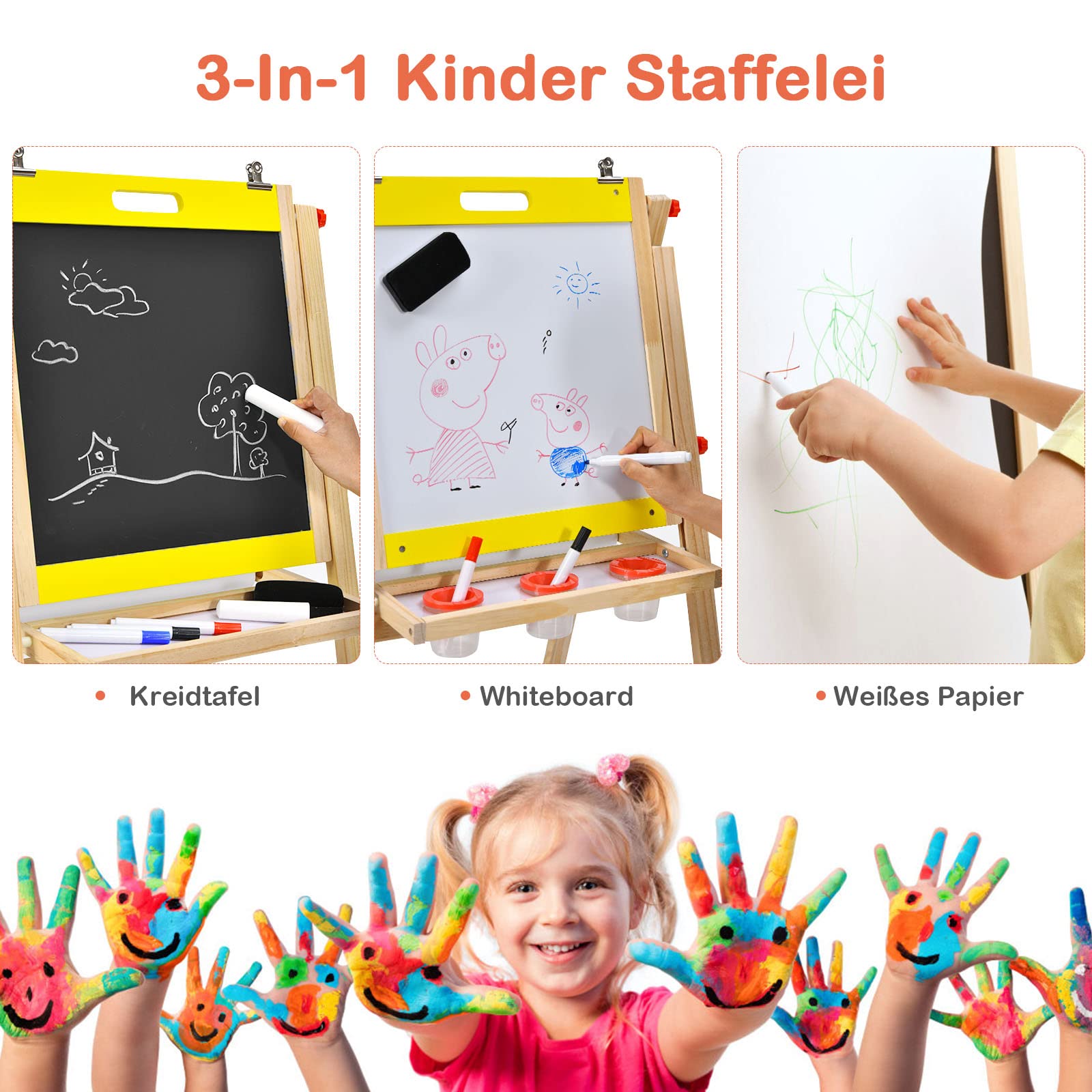 COSTWAY 3 in 1 Kinder Staffelei aus Kieferholz doppelseitig, Whiteboard & Kreidetafel & Zeichenpapier höhenverstellbar/klappbar, Kindertafel mit Ablage und Zubehör (Gelb)