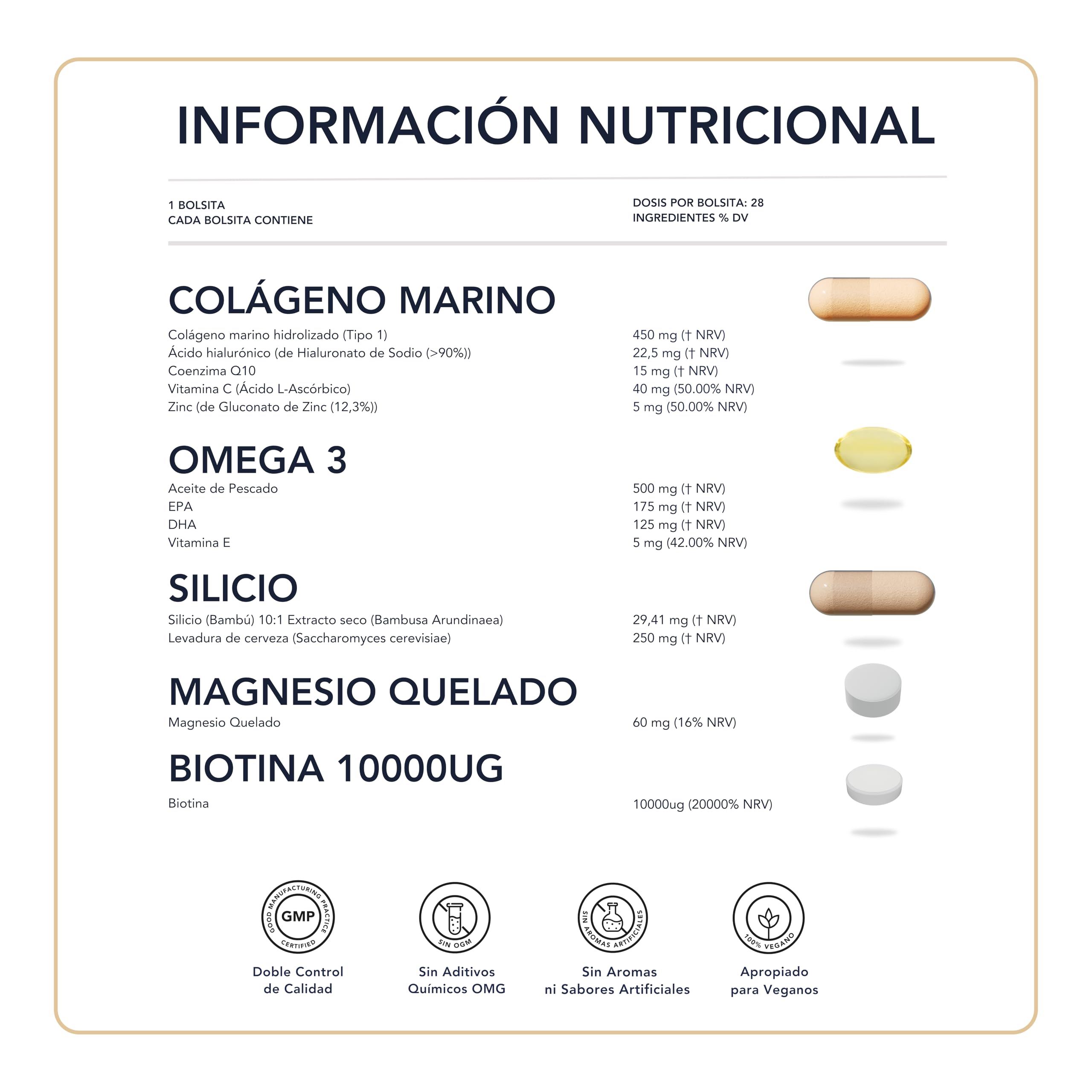 Colágeno marino con Ácido Hialurónico, Magnesio, Omega 7, Biotina, Silicio - SmartAbsorb™ | para la salud de la piel, el cabello y las uñas | 28 sobres diarios