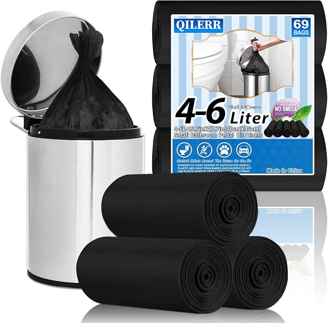 Small Black Bin Bags 4-6Liter Pedal Bin Liners, 69 Counts Mini Plastic Garbage Bags, Strong Wastebasket Trash Bags for Bathroom, Kitchen, Office,Car, Fit 4,5,6 L Waste Bin