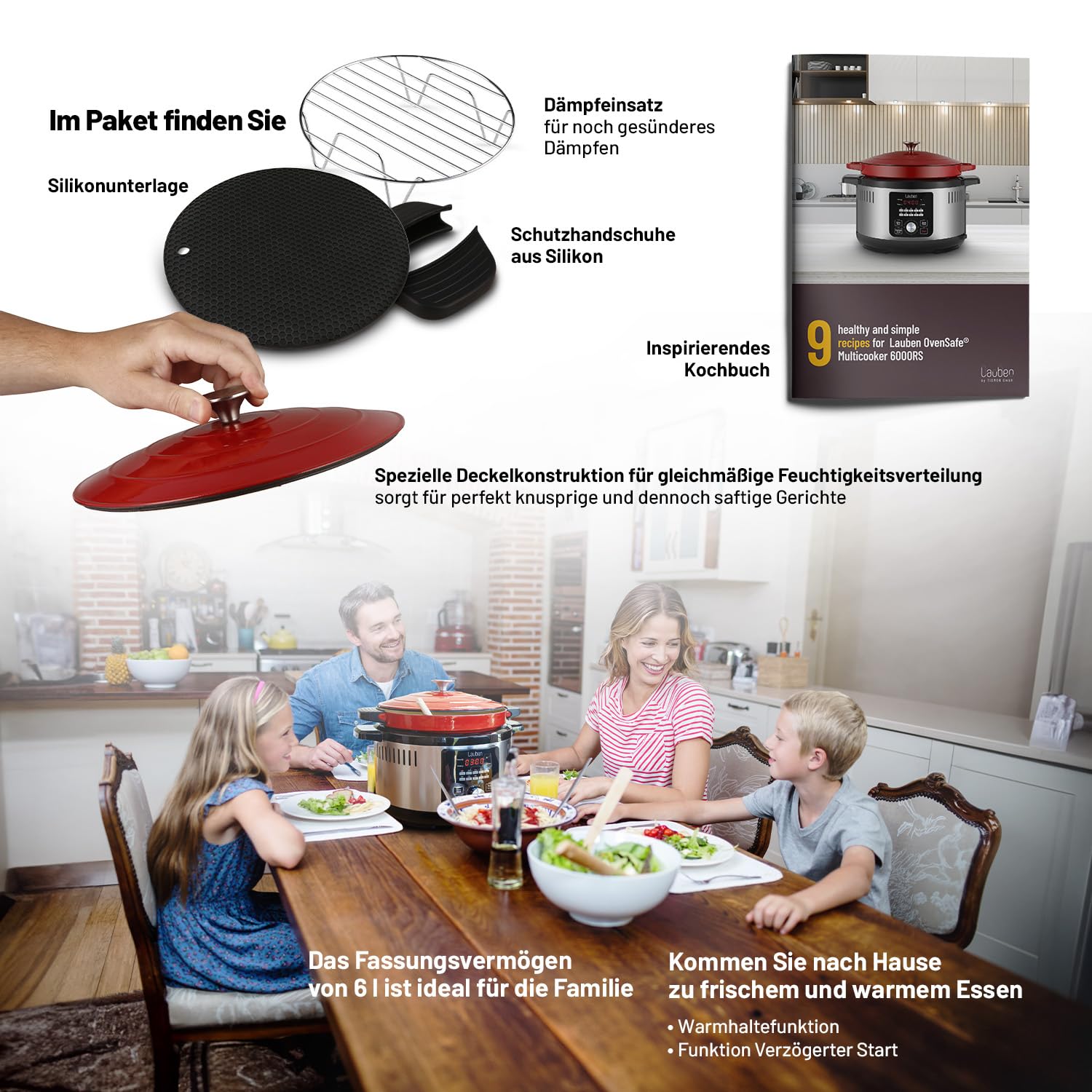 Lauben OvenSafe® Multikocher 6000RS Multifunktionaler Topf mit 6 l Fassungsvermögen, 10 Programme, gusseiserner Emaille-Topf OvenSafe® geeignet für Herd oder Backofen, spülmaschinenfest
