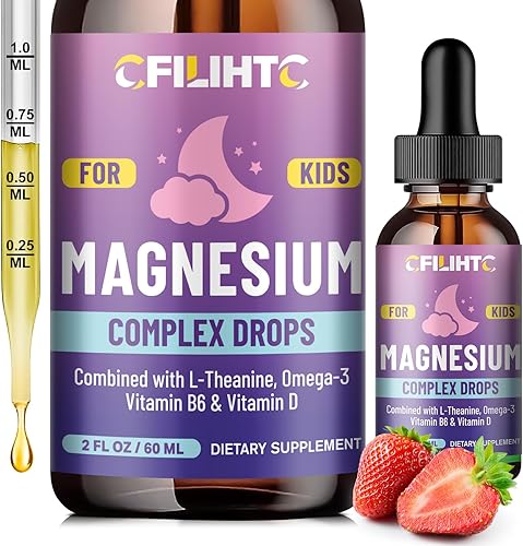Gotas líquidas de magnesio para niños, suplemento de glicinato de magnesio para niños, con L-teanina, omega-3, vitamina B6, D3, para dormir,