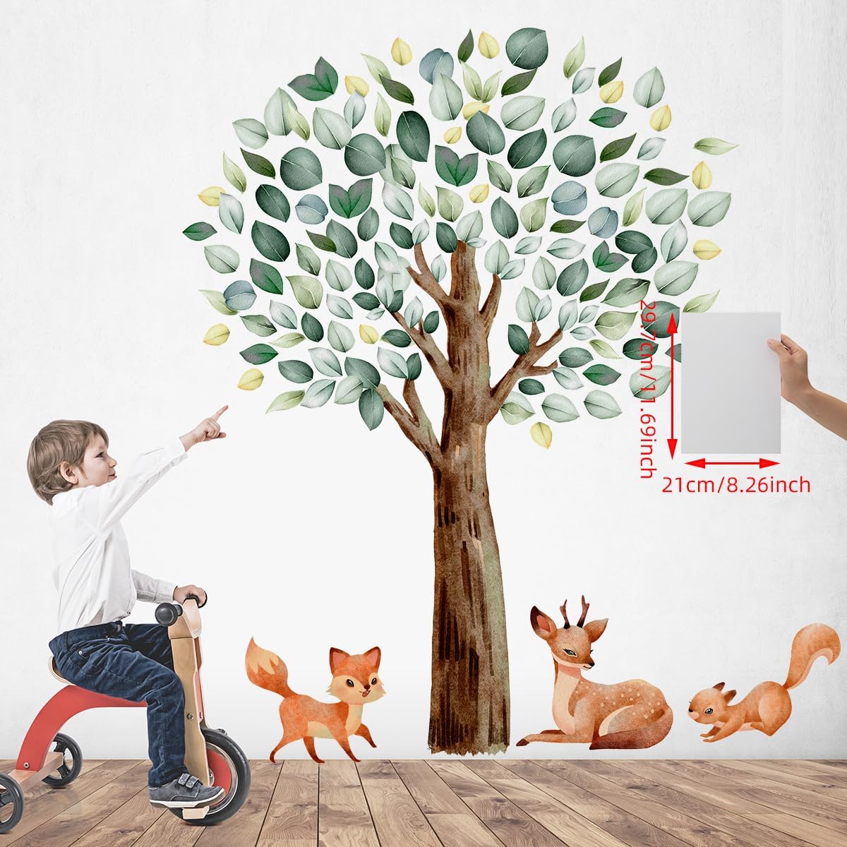 Large Jungle Animal Tree Wall Stickers- Watercolor Forest Fox Deer Squirrel Decals Peel & Stick Removable Art Decor for Baby Nursery Bedroom Living Room,132 cm x 151 cm