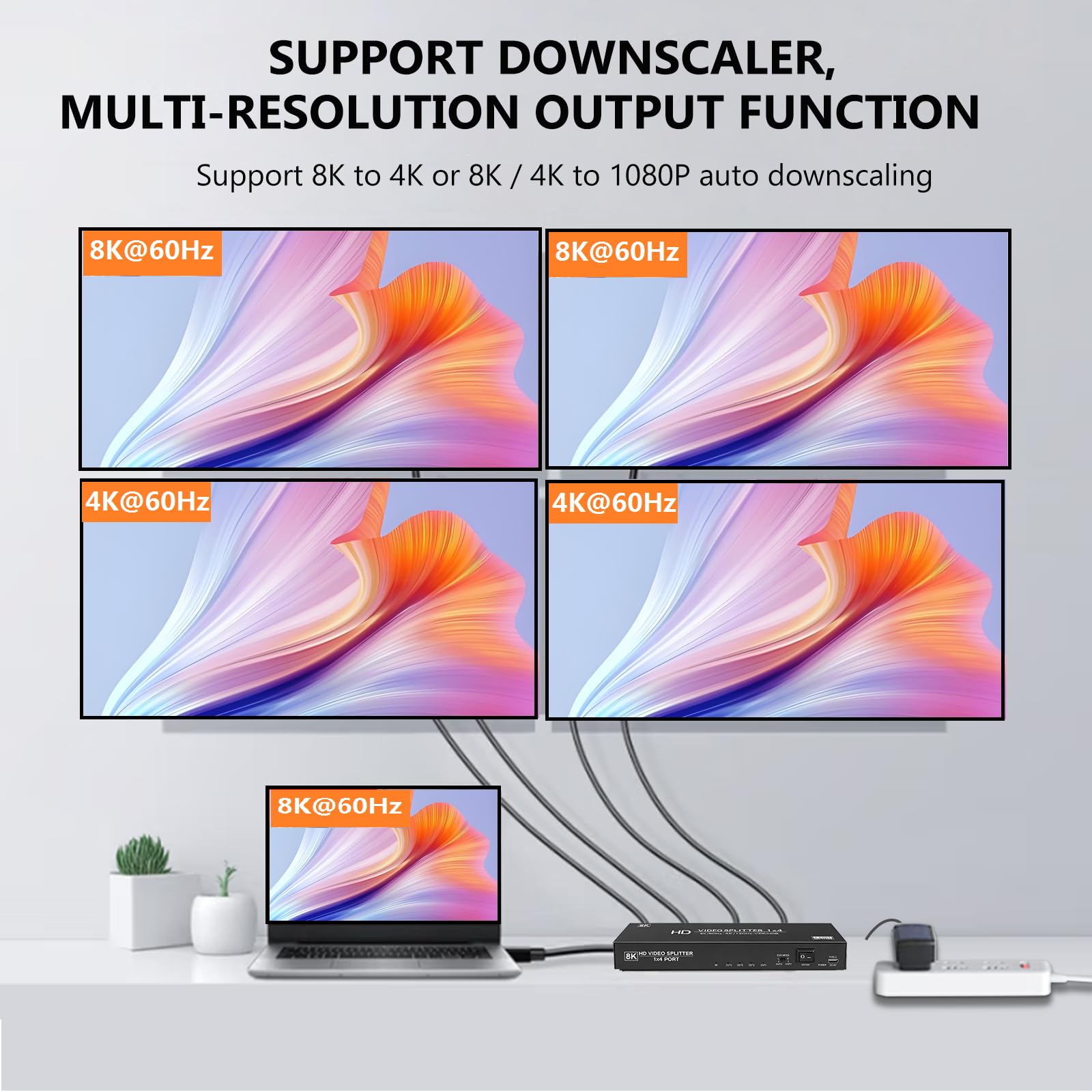 Divisor HDMI 8K 1 en 4 salidas, 1x4 HDMI 2.1 divisor 8K @60Hz 4K @120Hz, 48 Gbps, EDID, escalador automático de bajada, HDCP 2.3, VRR, HDR10+, 3D, solo duplicación/pantallas de espejo (no extensibles