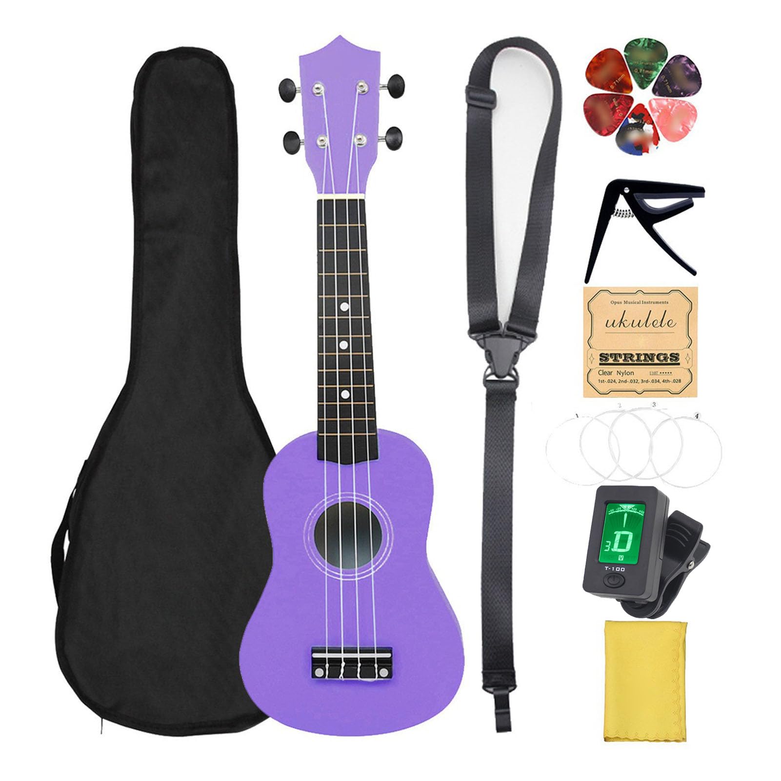 Dilwe 21-Zoll-Lindenholz-Ukulele für Anfänger, Komplettes Set mit Stimmgerät, Kapodaster, Plektren, Nylonsaiten und Tragbarer Tasche für Erwachsene und Kinder (PURPLE)