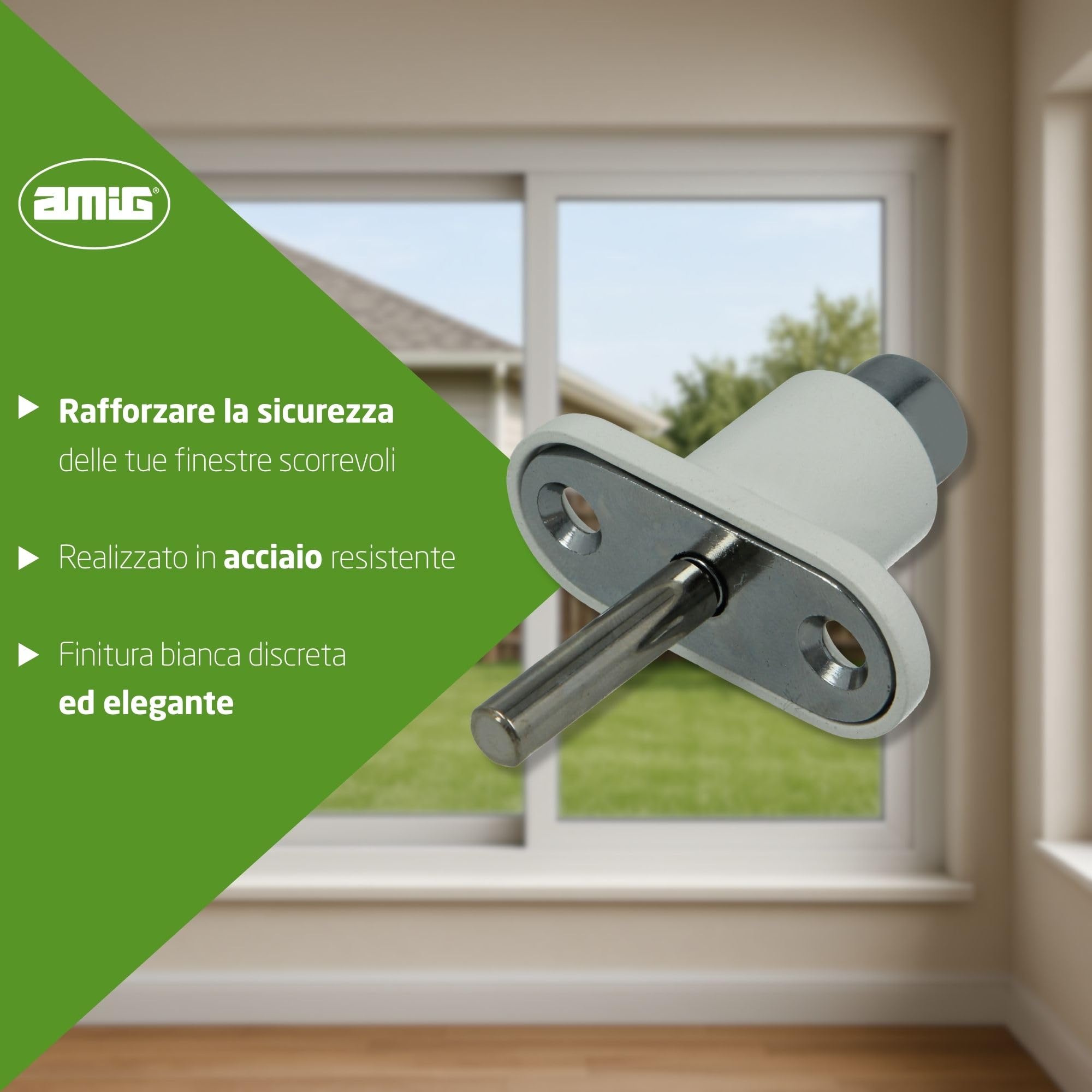 Amig - Serratura di sicurezza per finestre scorrevoli Mod.45; Chiusura a sovrapporre con 2 chiavi e Tirafondi per l'installazione, In acciaio Finitura bianco, Dimensioni: 53 x 23 mm