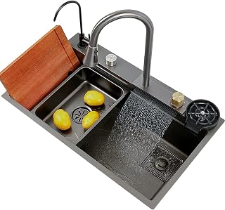 Kitchen Sink Flying rain Waterfall Sink Household Sink, Dishwasher Basin Single Sink Workstation Kitchen Sink with Pull-Out tap, Chopping Board, Cup Washer