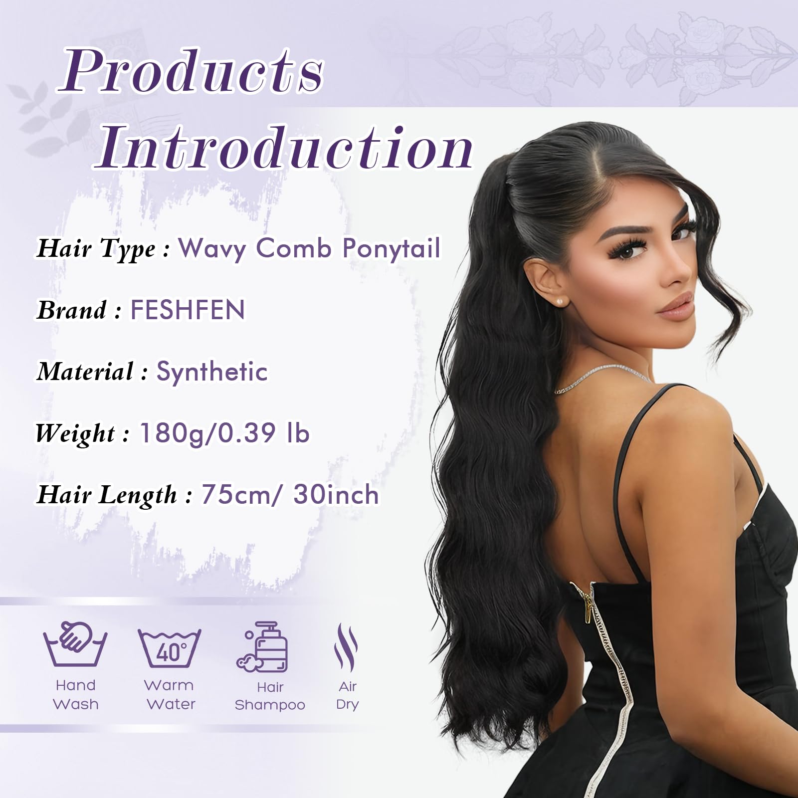 FESHFEN 75 cm Coda Cavallo Extension con Coulisse, Lunga Ricci Ondulati Coda Capelli Extension Sintetici Pettini Clip in Capelli Posticci, Nero Naturale Coda di Cavallo Naturale per Donna