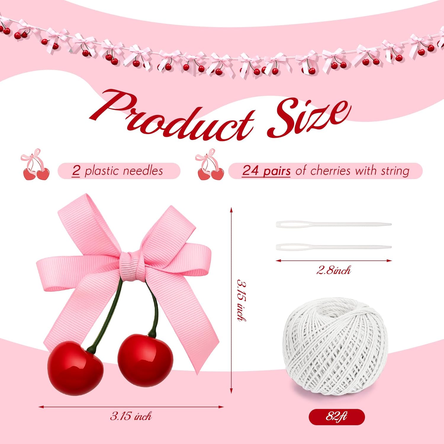 Suncalla 24 Pcs Cherry Party Decorations Cherry Pink Bow Garland Decor Shes The Cherries on Top Party DIY Fruit Hanging Ornaments for Wedding Baby Shower Bachelorette(Pink)